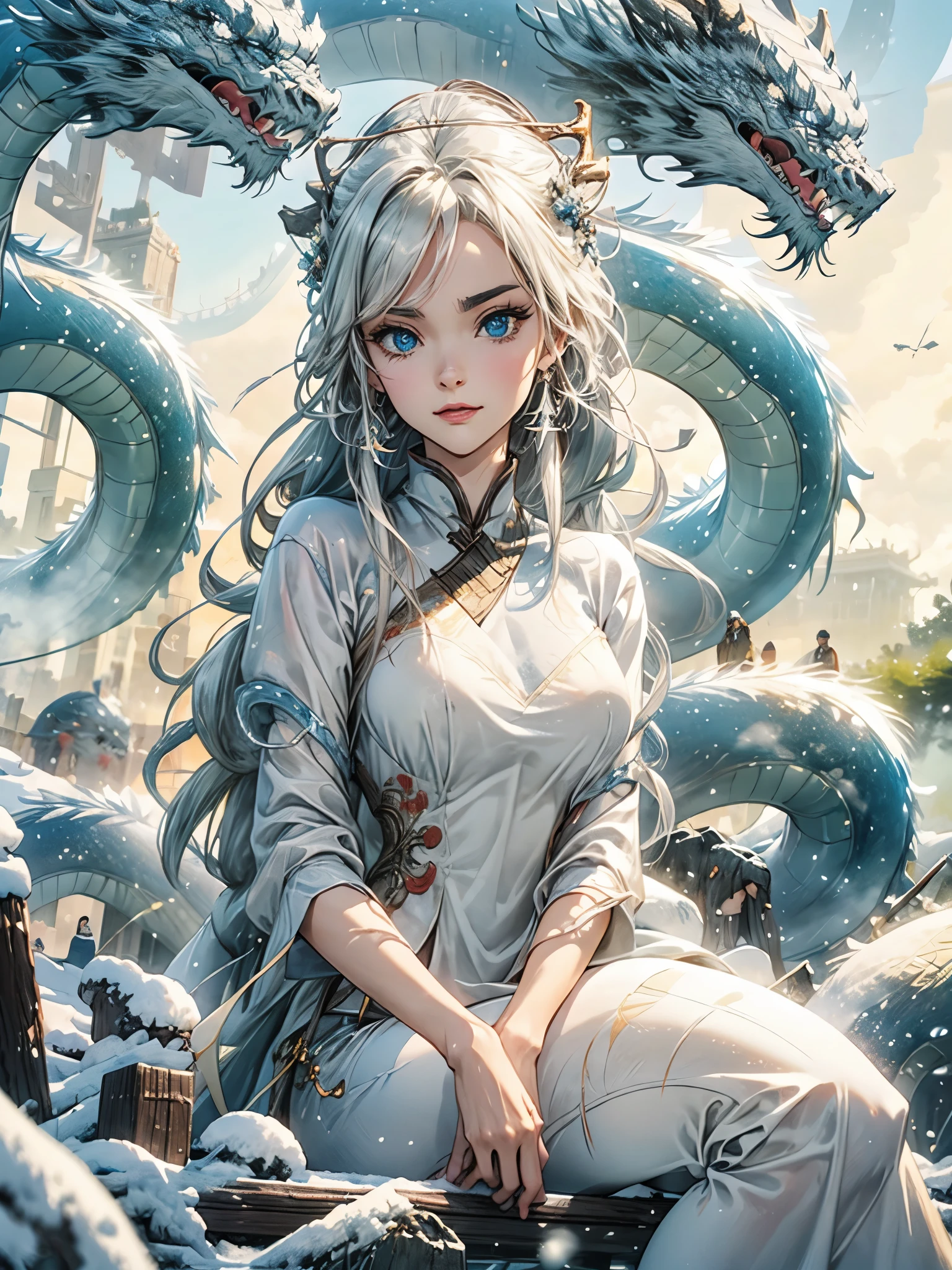 (best quality, 8k, 32k, Perfect body, extremely detailed face, A woman, Delicate eyes, There is a snow-white Chinese dragon behind it,