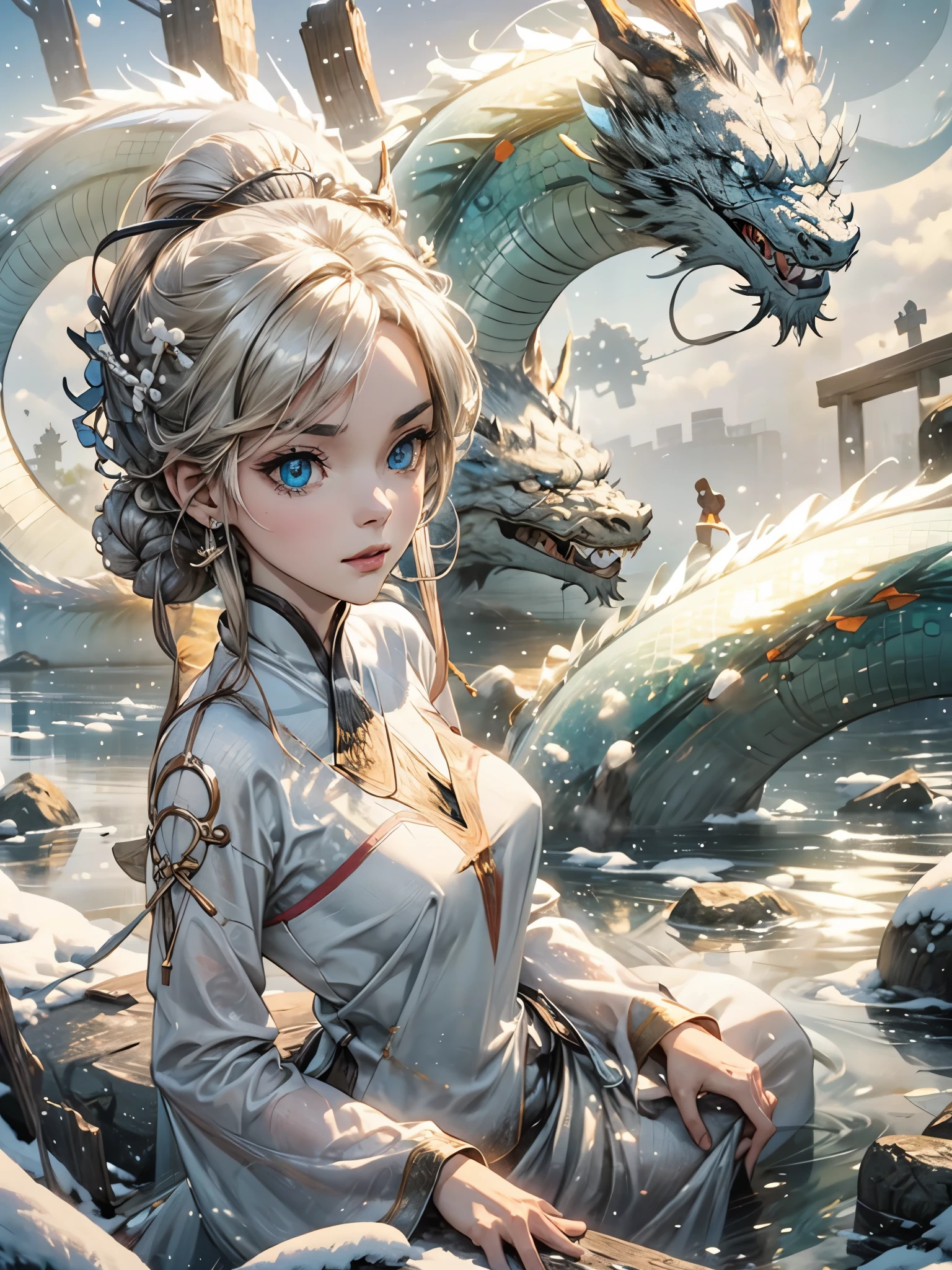 (best quality, 8k, 32k, Perfect body, extremely detailed face, A woman, Delicate eyes, There is a snow-white Chinese dragon behind it,