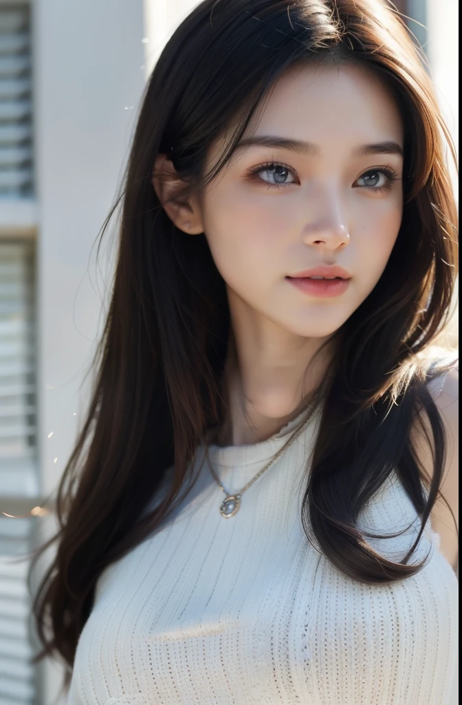 Dressed, (photo Realistic:1.4), (hyper Realistic:1.4), (Realistic:1.3), (smoother lighting:1.05), (Improve movie lighting quality:0.9), 32k, One girl,20 year old girl, Realistic lighting, Backlight, Light on the face, Ray-tracing, (Bright light:1.2), (Improvement of quality:1.4), (Highest quality real texture skins:1.4), Detailed drawn eyes, Detailed painted face, High-quality round eyes, (Tired, sleepy and satisfied:0.0), Face close-up, (Enhance the mood of your body line:1.1), (Enhances the beauty of skin texture:1.1) Irregular hem design, figure-covering, simple, casual, layered, layered, ladies' knit vest, adult casual outfit, spring clothes, spring outfit, fashion, today's outfit, adult outfit, ladies'、Staring at the audience、smile、