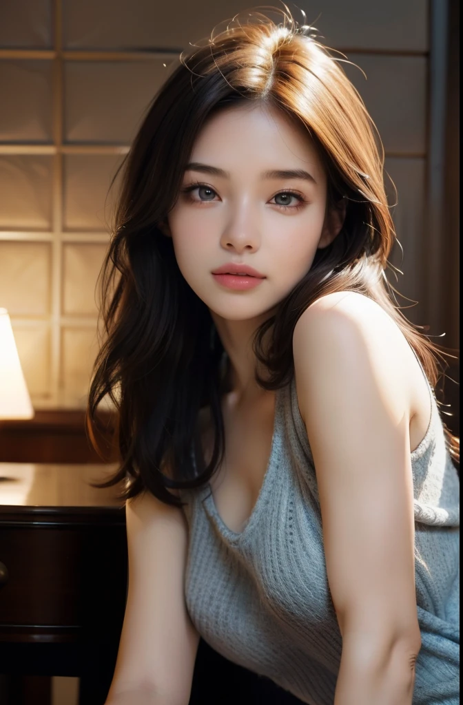 Dressed, (photo Realistic:1.4), (hyper Realistic:1.4), (Realistic:1.3), (smoother lighting:1.05), (Improve movie lighting quality:0.9), 32k, One girl,20 year old girl, Realistic lighting, Backlight, Light on the face, Ray-tracing, (Bright light:1.2), (Improvement of quality:1.4), (Highest quality real texture skins:1.4), Detailed drawn eyes, Detailed painted face, High-quality round eyes, (Tired, sleepy and satisfied:0.0), Face close-up, (Enhance the mood of your body line:1.1), (Enhances the beauty of skin texture:1.1) Irregular hem design, figure-covering, simple, casual, layered, layered, ladies' knit vest, adult casual outfit, spring clothes, spring outfit, fashion, today's outfit, adult outfit, ladies'、Staring at the audience、smile、