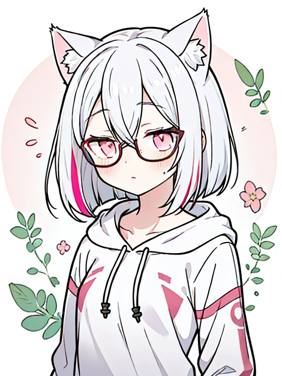 best quality, masterpiece, 1 girl, , upper body, hairs between eyes, female, pink eyes, long hair, small breasts, glasses, bob cut, expressionless, wink , cat ears, white hair, silver hair, streaked hair,hoodie, murder, long bangs