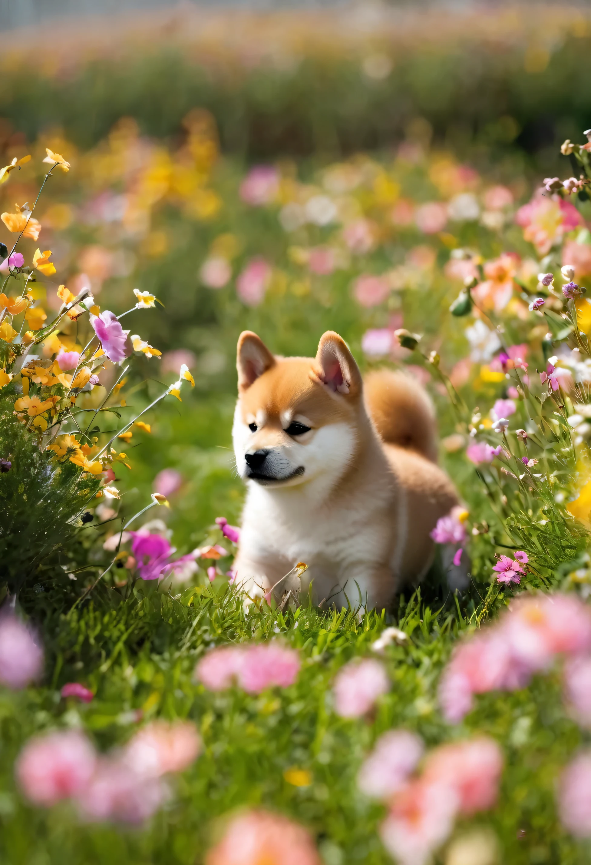 shiba inu puppy in a flower field