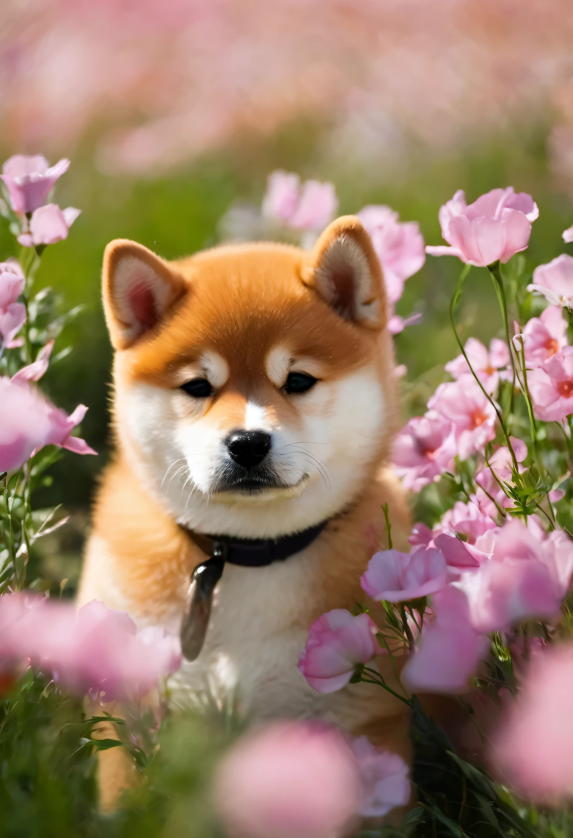 shiba inu puppy in a flower field