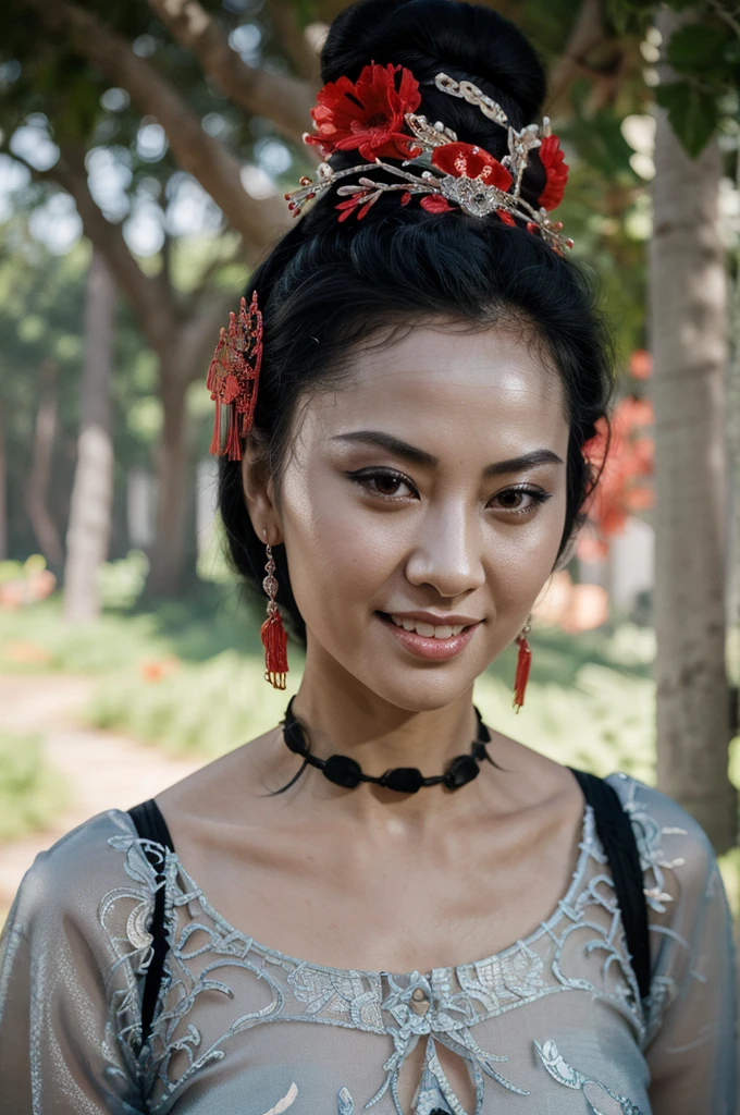 a chinese beauty，(Siamese transparent black silk)，happy，looking at the audience， portrait, Pretty Face, beautiful eyes, external, portrait, garden, trees, teeth, open one&#39;s eyes, Award-winning photos, best quality, Upper Body，Nikon d850 film stock photo 4 Kodak 400 camera f1.6 lenses rich colors ultra realistic textures natural light popular on artstation cinestill 800, (100mm lens)