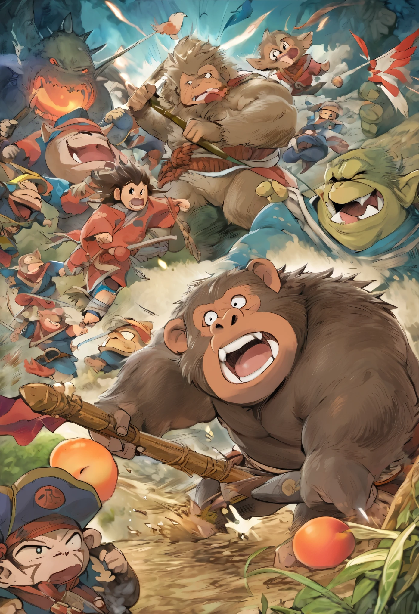(masterpiece, top quality, best quality)dynamic scene from the Japanese folktale 'Momotaro', showing Momotaro fighting alongside his animal companions, a dog, a monkey, and a pheasant, against the ogres, The scene should be set on the Ogre Island, with Momotaro wearing traditional Japanese warrior clothing, holding a flag with the peach emblem, The animals should be actively participating in the battle, and ogres should appear menacing but not too scary, suitable for a children's book illustration, The style should be vibrant and detailed, capturing the energy and bravery of the legendary tale,