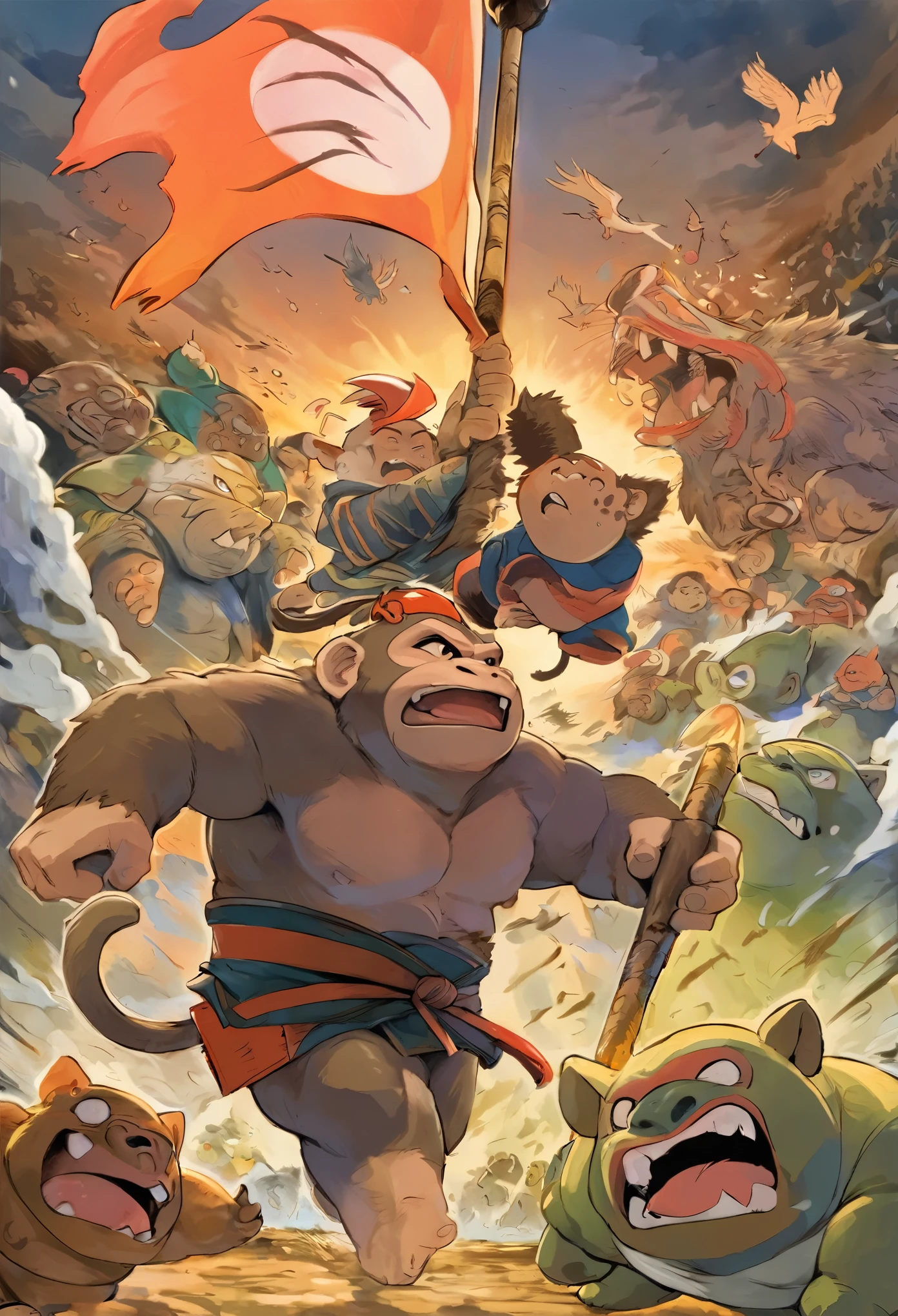 (masterpiece, top quality, best quality)dynamic scene from the Japanese folktale 'Momotaro', showing Momotaro fighting alongside his animal companions, a dog, a monkey, and a pheasant, against the ogres, The scene should be set on the Ogre Island, with Momotaro wearing traditional Japanese warrior clothing, holding a flag with the peach emblem, The animals should be actively participating in the battle, and ogres should appear menacing but not too scary, suitable for a children's book illustration, The style should be vibrant and detailed, capturing the energy and bravery of the legendary tale,