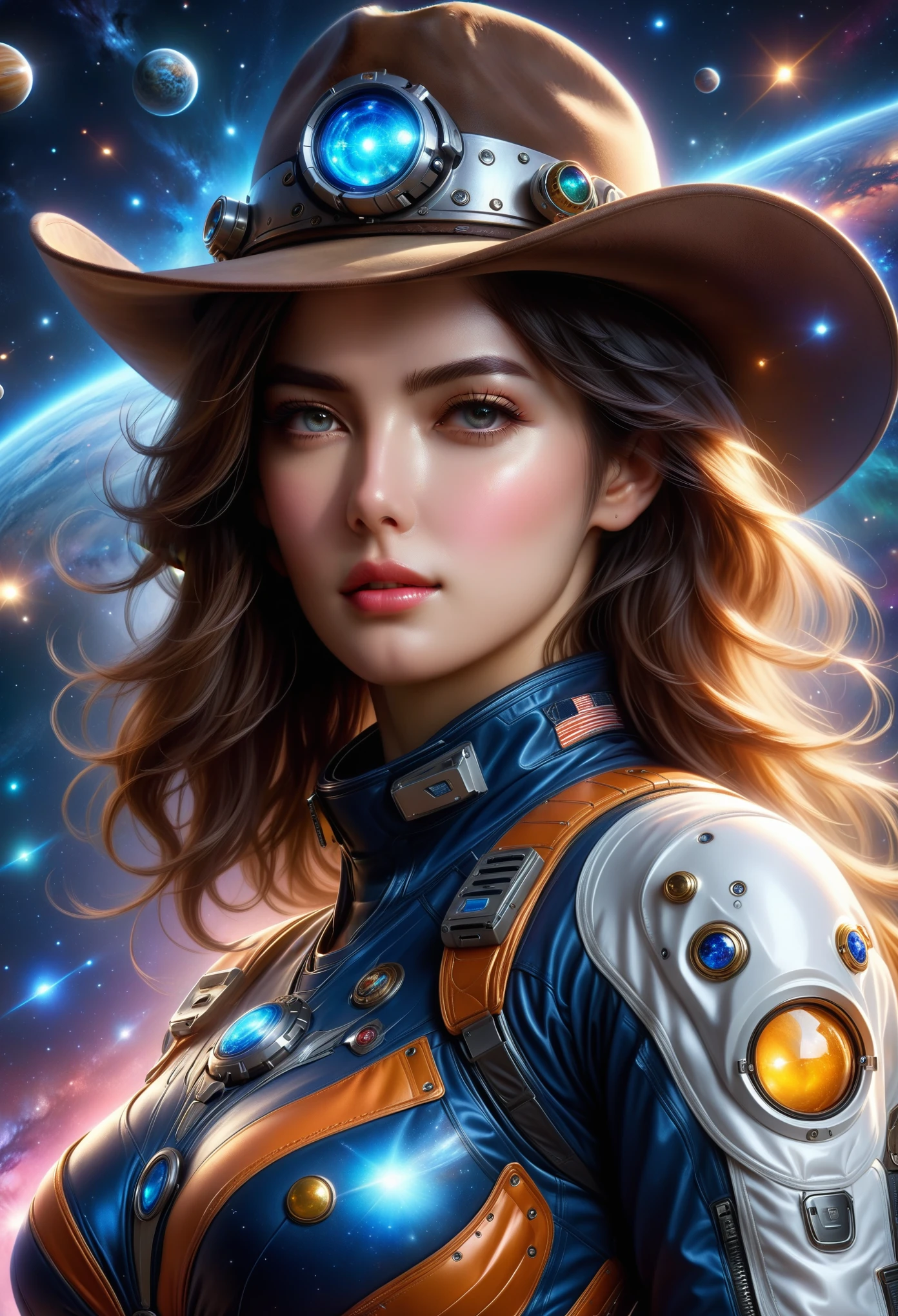 (best quality,4k,8k,highres,masterpiece:1.2),ultra-detailed,(realistic,photorealistic,photo-realistic:1.37),cowboy galaxy strike team,1man,1woman,portrait,exquisite eyes,space suit inspired by cowboys, cowboy hats, cowboy space suits, cowboy hat:1.5,cool,glowing,mechanical,gears,galaxy planet background