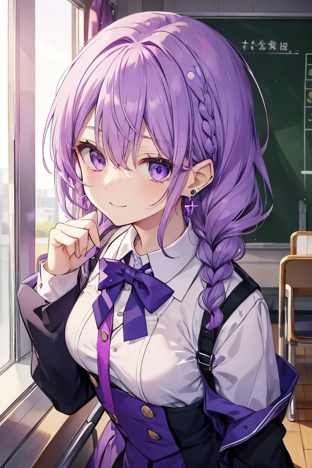 Purple hair and eyes、 girl、Small breasts、braided ponytail、smile、Gal-like、Wearing cute earrings、cute uniform、Add highlights around the eyes、Cute hairpin、Full body view、School