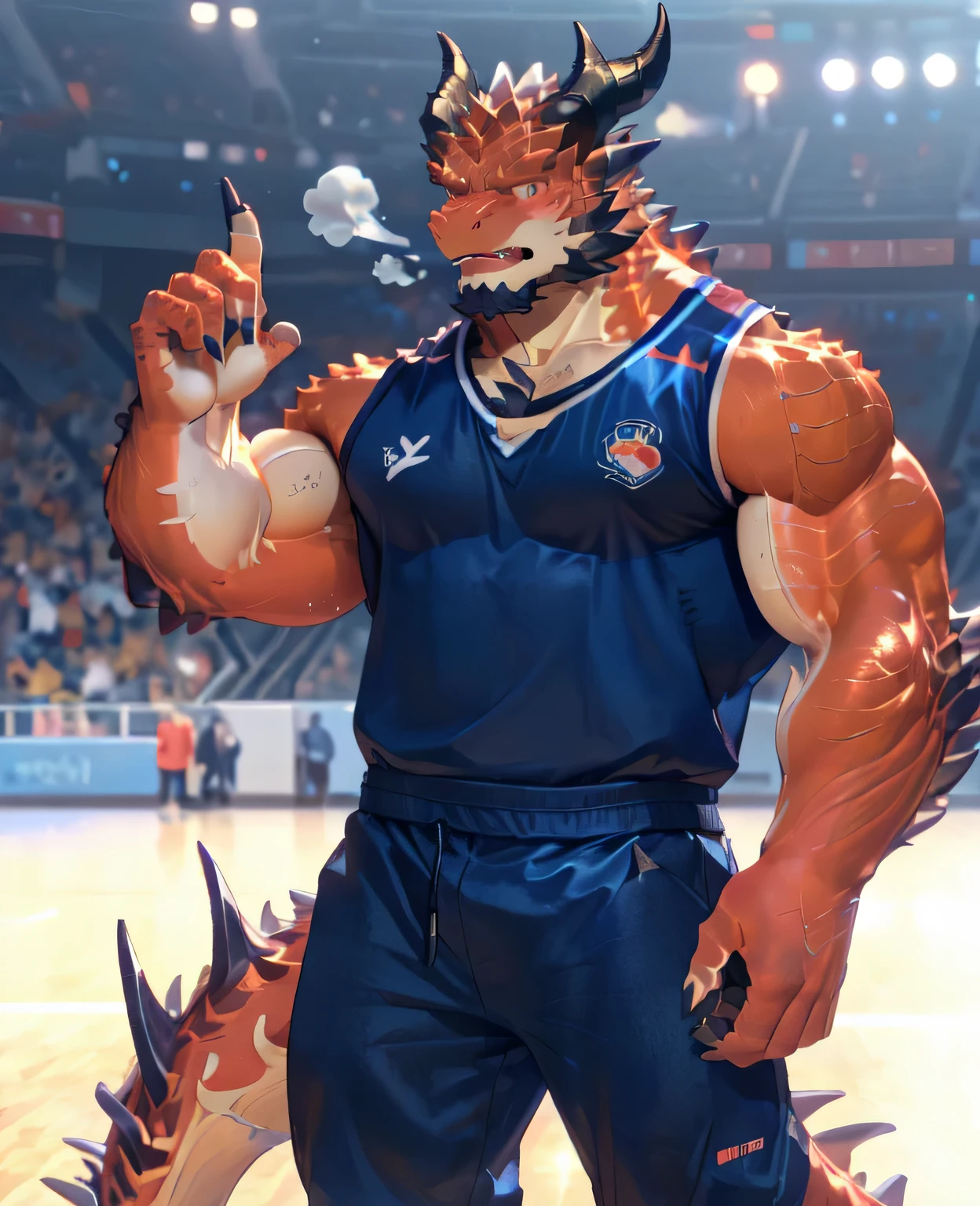 (dragon), Two-color, dragon&#39;s eyes, (muscular body:1.3), perfect eyes, Handsome, OK,(white basketball jersey), (on the playground),(Express), sports field background,(close up),(Happy eyes:1.2),look at screen,(dragon horn),(dragon tail),different students,Perfect masterpiece,(16K),White belly,Solitary,((Strong)),(sports field background),(Sweat),Perfect proportion,front,blush,(wave hello，Watching you:1.5),(Basketball in hand:1.3),(Open your mouth slightly and breathe.:1.2),(close range:1.2),(clothes soaked with Sweat:1,3),Strong,muscle,more details,CG,HD，detailed，Clear，high resolution