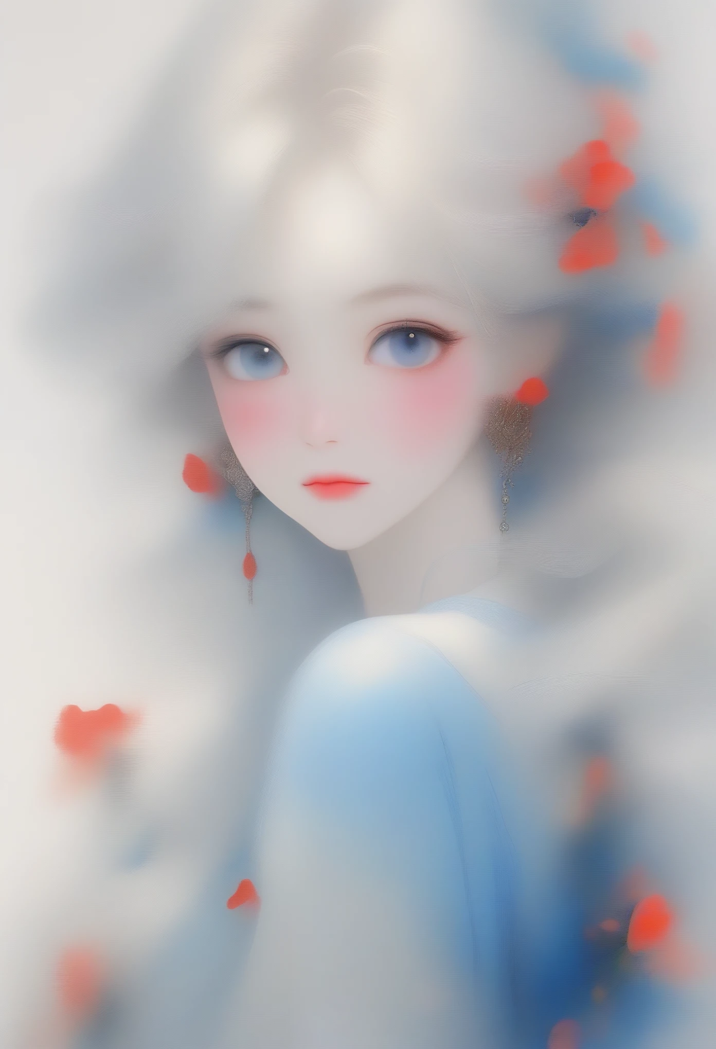 ((High Definition)), (crying with expressionless face), (Bust), ((Top Quality)), ((Ultra Fine)) ((Super Fine CG)), ((8k_wallpaper)) , Dynamic angle, Embossed, (burn on left eye), Very delicate and beautiful girl, Upper body, Ink painting, (Chinese style), Red eyes, Burning, Soft details. from_low, (white hair), (blue rose: 1.33), watery eyes, (hair flower): 1.3), Bloom, single, blood corridor, earrings, jewelry, messy hair, bare shoulders, semi-closed eyes, blooming