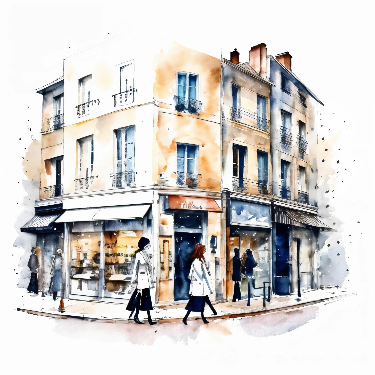 Top models walking through the streets of Paris,Fashion illustrations by Miyuki Morimoto, Cold look、Well-formed face、Beauty、Line drawing sketch,Stylish cut, artistic,Scribble style,Clear, bold, thick outlines, fashion design sketch, female,Slim tail,Rough coloring, watercolor painting,