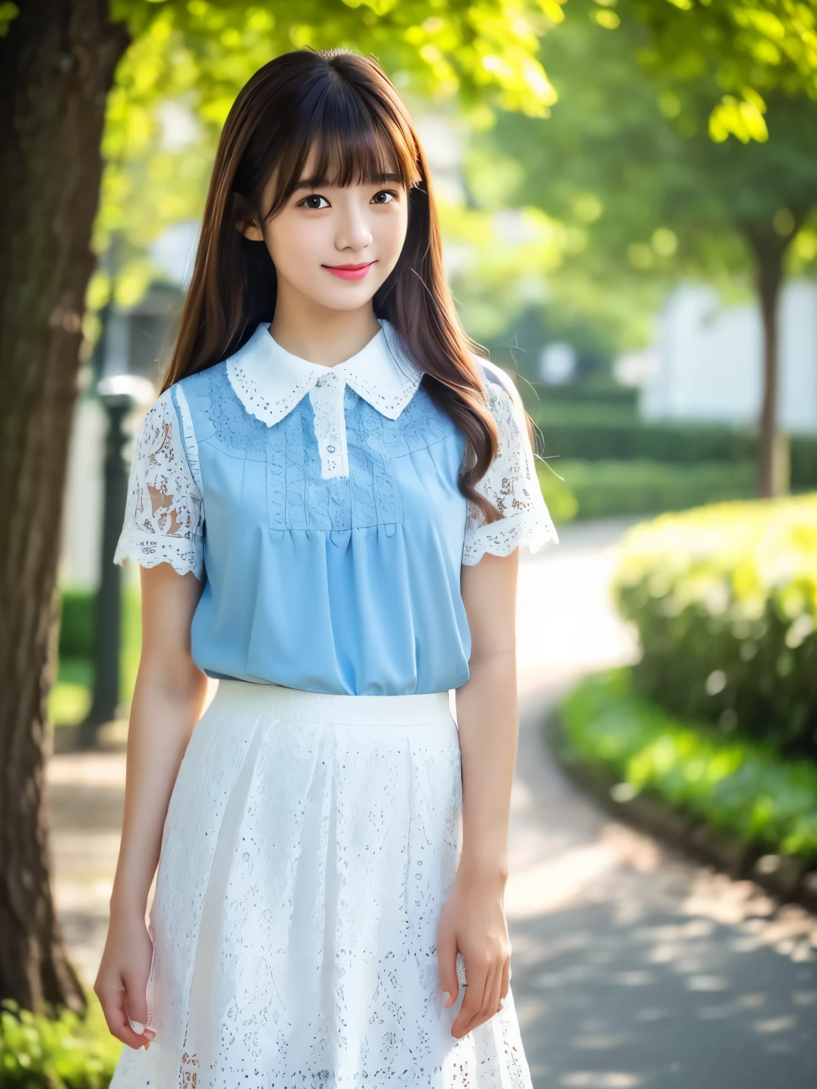 1 girl, Solo, Japanese girl, Cute Girl, 25 years old, Best Quality, Ultra-detailed, 8K, High resolution, gentle eyes, brown hair, long hair, (straight hair), light smile, (((collared blouse, white blouse, puffy, short sleeves, lacy collar, light blue skirt, A-line skirt, long skirt, sandals))), (((whole body))),