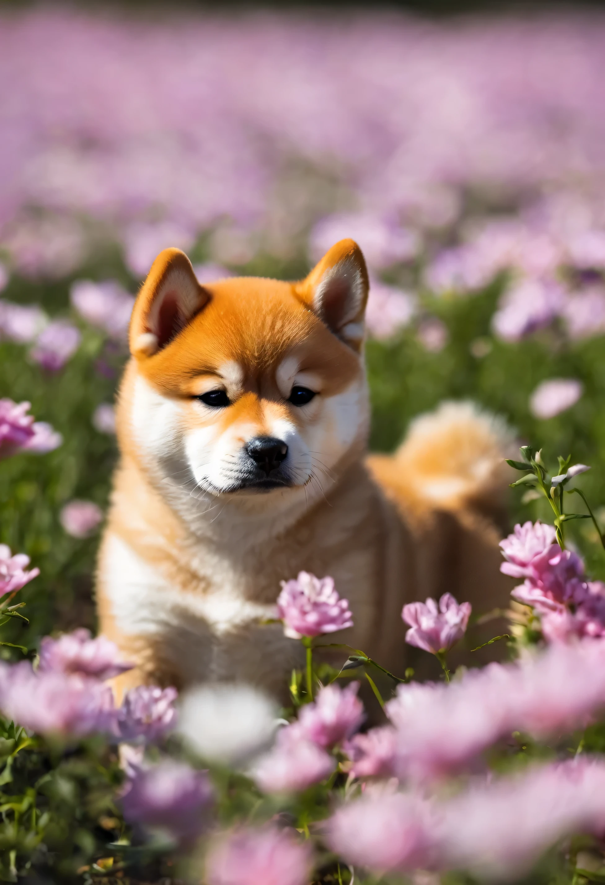 shiba inu puppy in a flower field