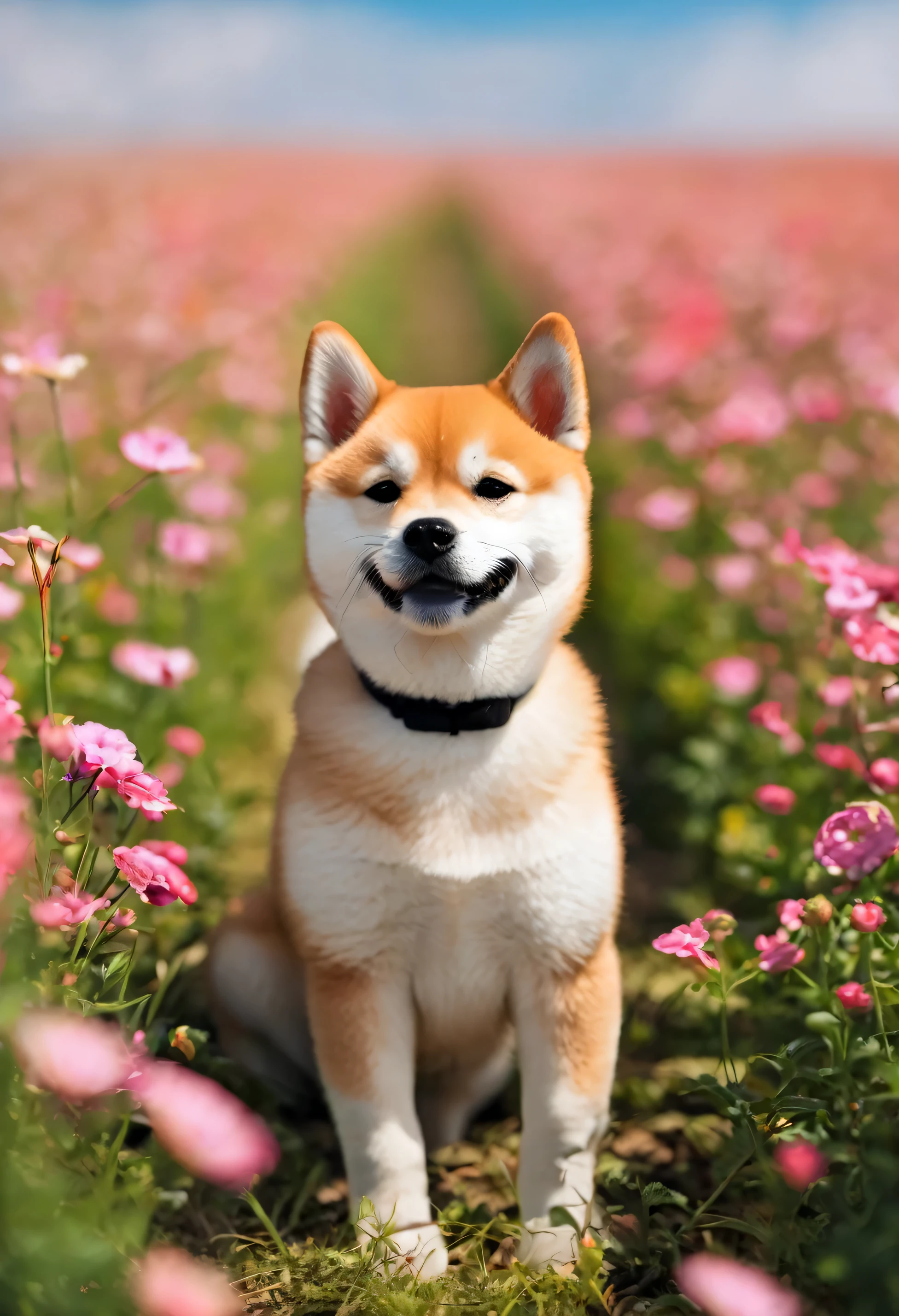 shiba inu puppy in a flower field