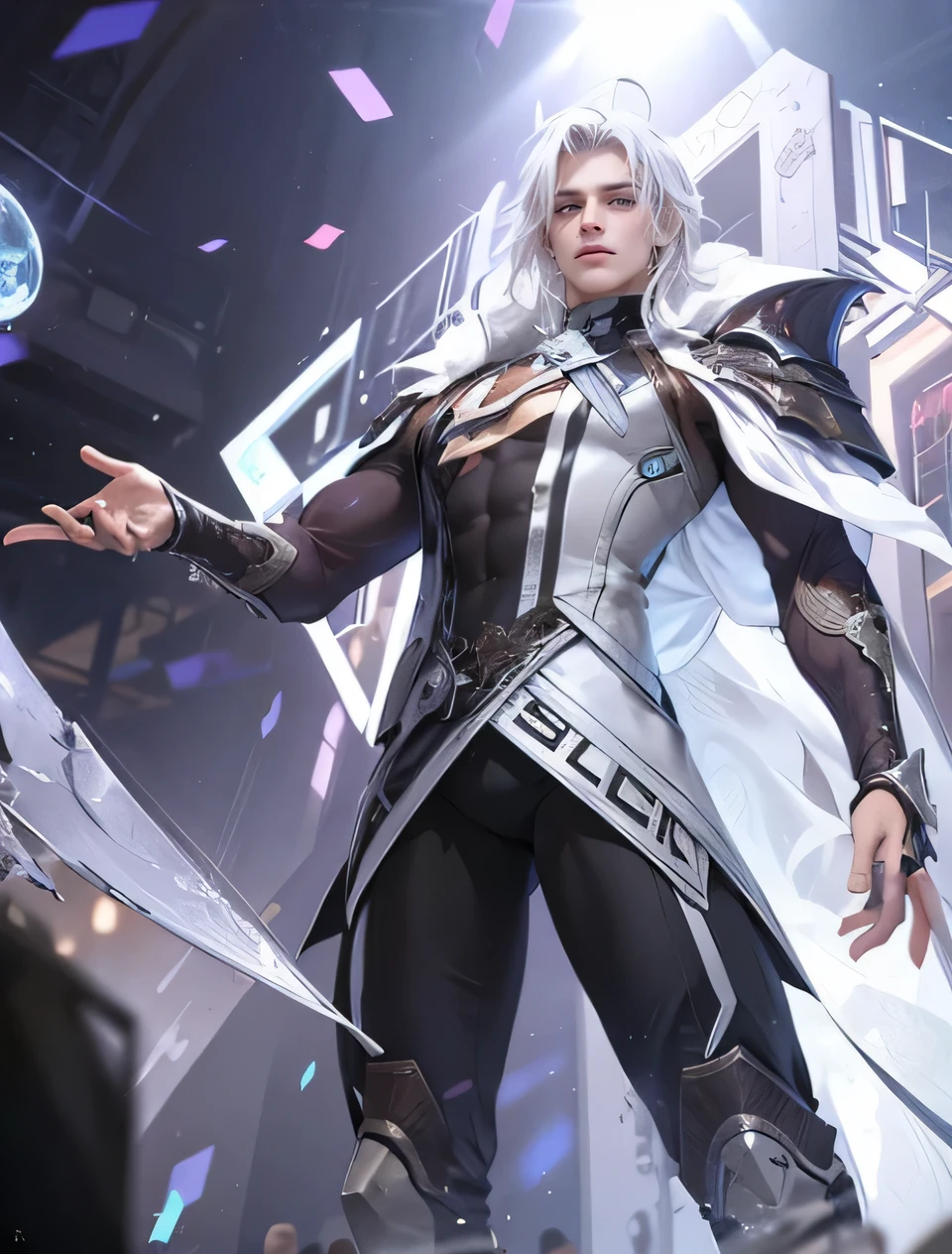 Best quality, masterpiece, detailed skin texture, detailed clothes texture, detailed face, super detail, 8k, intricate detail, 1 boy, The color doesn't change, Muscle guy, 1 guy, white hair
