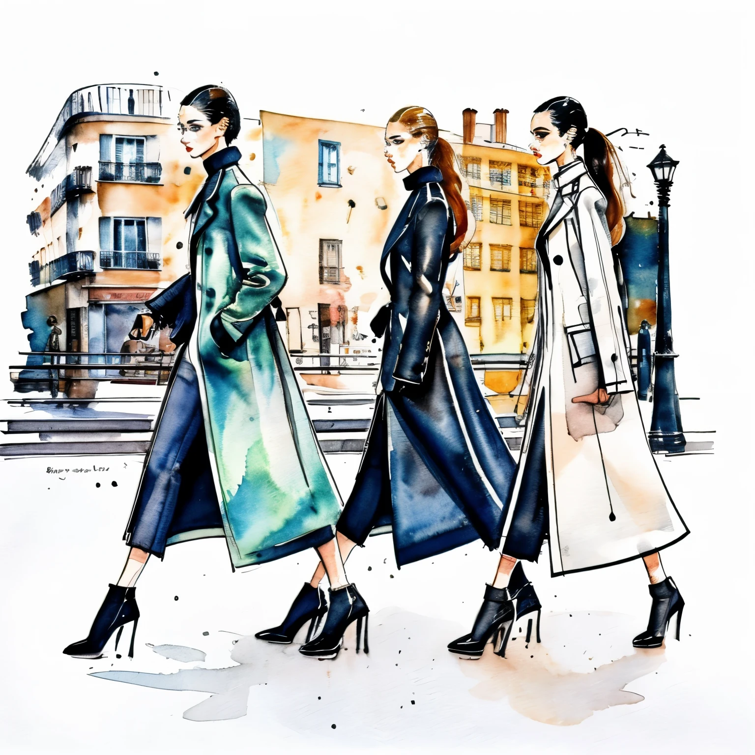 Top models walking through the streets of Paris,Fashion illustrations by Miyuki Morimoto, Cold look、Well-formed face、Beauty、Line drawing sketch,Stylish cut, artistic,Scribble style,Clear, bold, thick outlines, fashion design sketch, female,Slim tail,Rough coloring, watercolor painting,