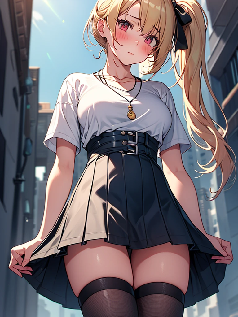 (highest quality, High resolution, perfect pixel, Depth of bounds written, 4K), detailed eyes, (from below), (1 girl), perfect body, large breasts, blond hair, (side ponytail), white t-shirt, (v-neck), (black suspender skirt), necklace, (kneehighs), (standing), (skirt lift), (looking up), blush, embarrassed,