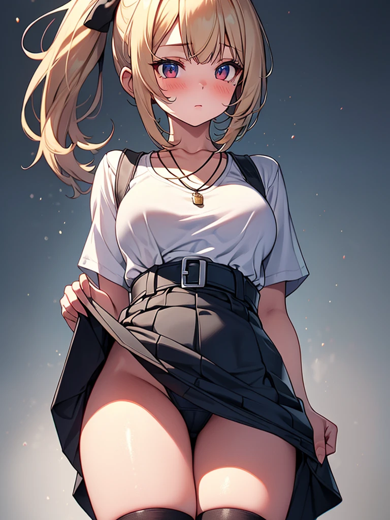  (highest quality, High resolution, perfect pixel, Depth of bounds written, 4K), detailed eyes, (from below), (1 girl), perfect body, large breasts, blond hair, (side ponytail), white t-shirt, (v-neck), (black suspender skirt), necklace, (kneehighs), (standing), (skirt lift), (looking up), blush, embarrassed,