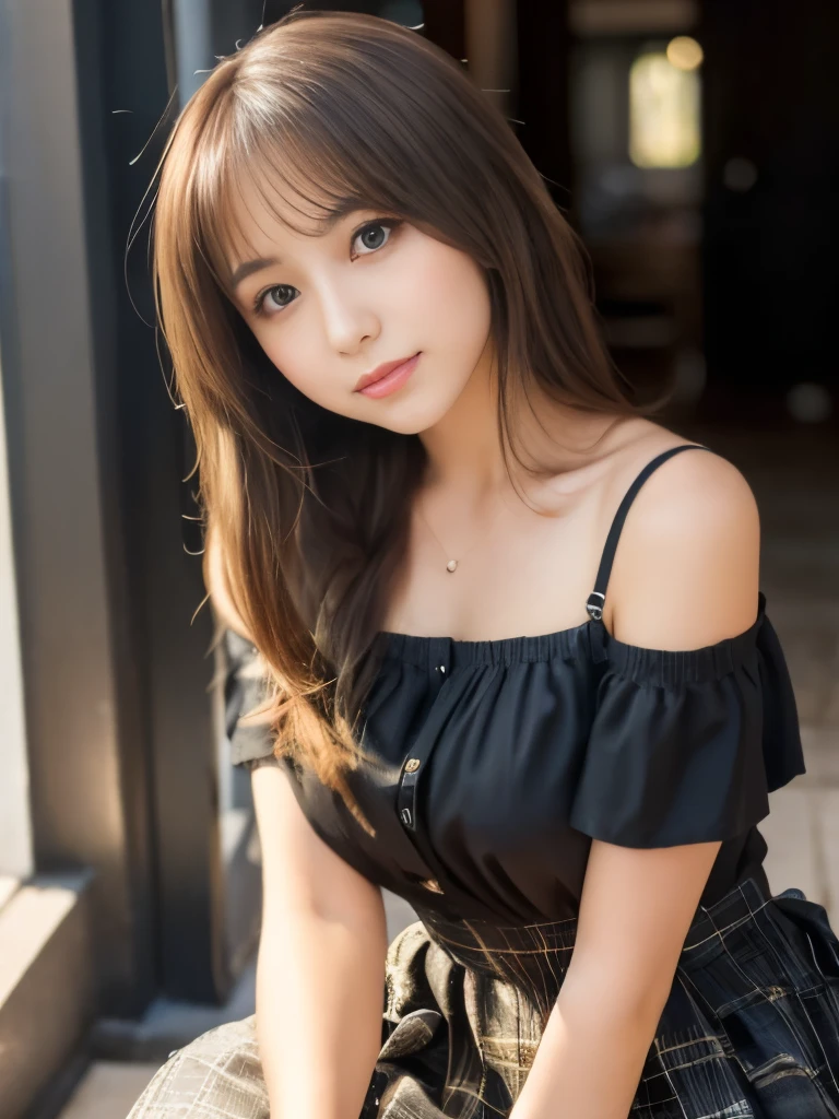 A beautiful Japanese shy girl, age 20 years old, light brown long hair, brown eyes, shiny lip, dark eyeliner, a sexy look expression, shiny hair and shiny body, wearing black plaid Knot Strap Pleated Ruffle Hem Cami Top And Skirt Set, shiny thighs, in dark Cathedral, light shine in, Photo with blurred background,