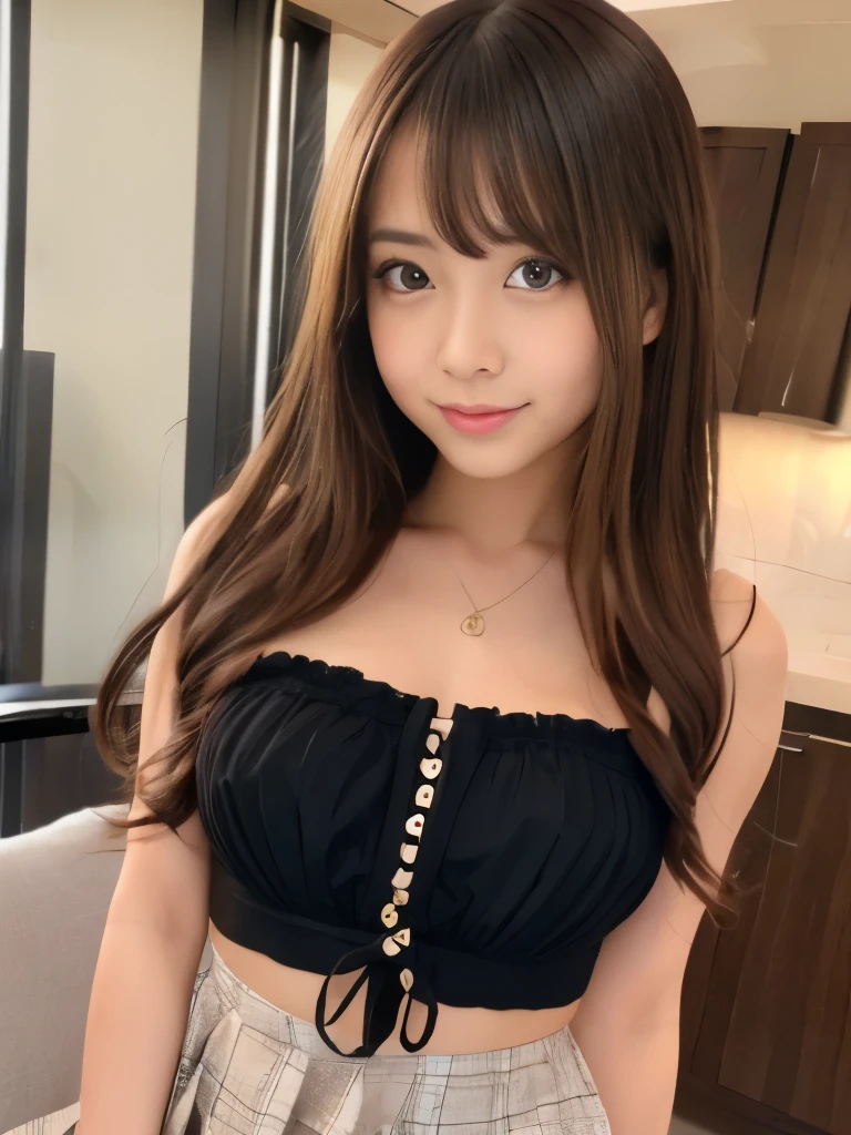 A beautiful Japanese shy girl, age 20 years old, light brown long hair, brown eyes, shiny lip, dark eyeliner, a sexy look expression, shiny hair and shiny body, wearing black plaid Knot Strap Pleated Ruffle Hem Cami Top And Skirt Set, shiny thighs, in dark Cathedral, light shine in, Photo with blurred background, leaning forward