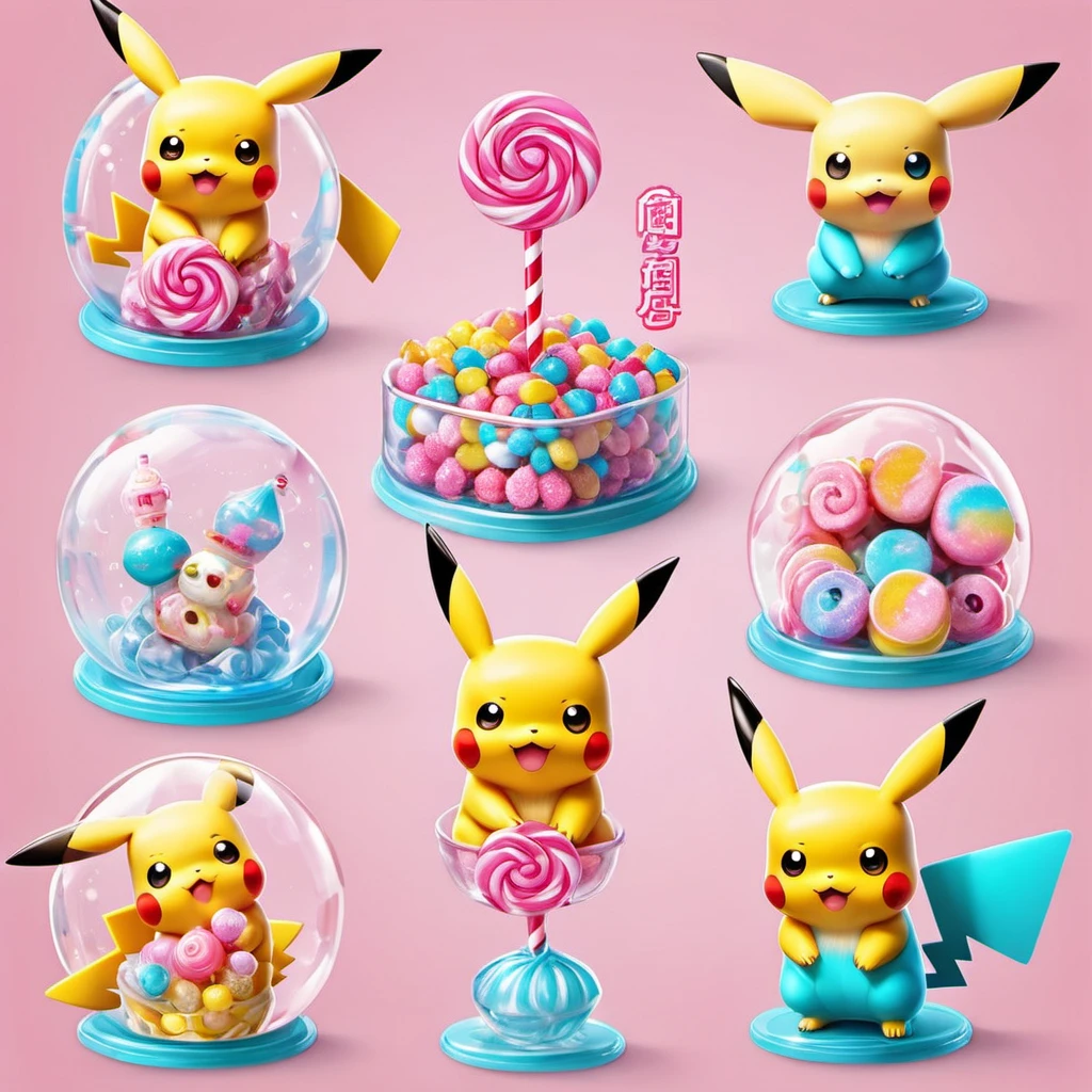 Icon material、Top image quality、masterpiece、Illustration cartoon character、Q version characters、Three-dimensional、IP image, Square head、Round and cute body, Pink translucent candy, aqua eyes, pikachu ears, smile, three sided view, UHD, masterpiece