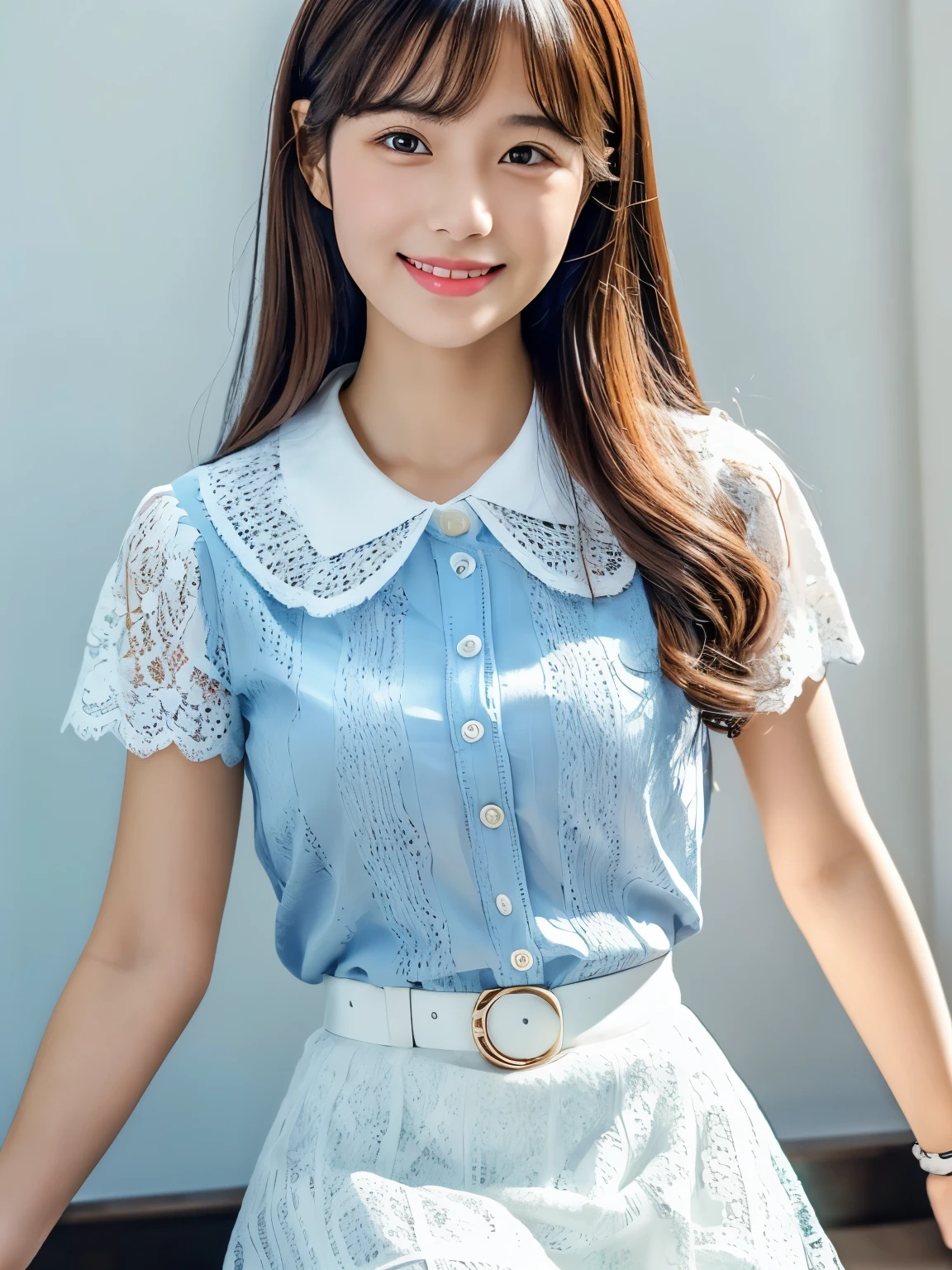 1 girl, Solo, Japanese girl, Cute Girl, 25 years old, Best Quality, Ultra-detailed, 8K, High resolution, gentle eyes, brown hair, long hair, (straight hair), light smile, (((collared blouse, white blouse, puffy, short sleeves, lacy collar, light blue skirt, A-line skirt, long skirt, sandals))), (((whole body))),