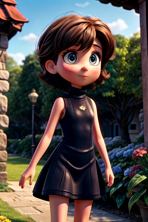1girl, built, short hair, brown hair, blue eyes, wearing a black turtleneck sleeveless dress, in the garden, bashful,