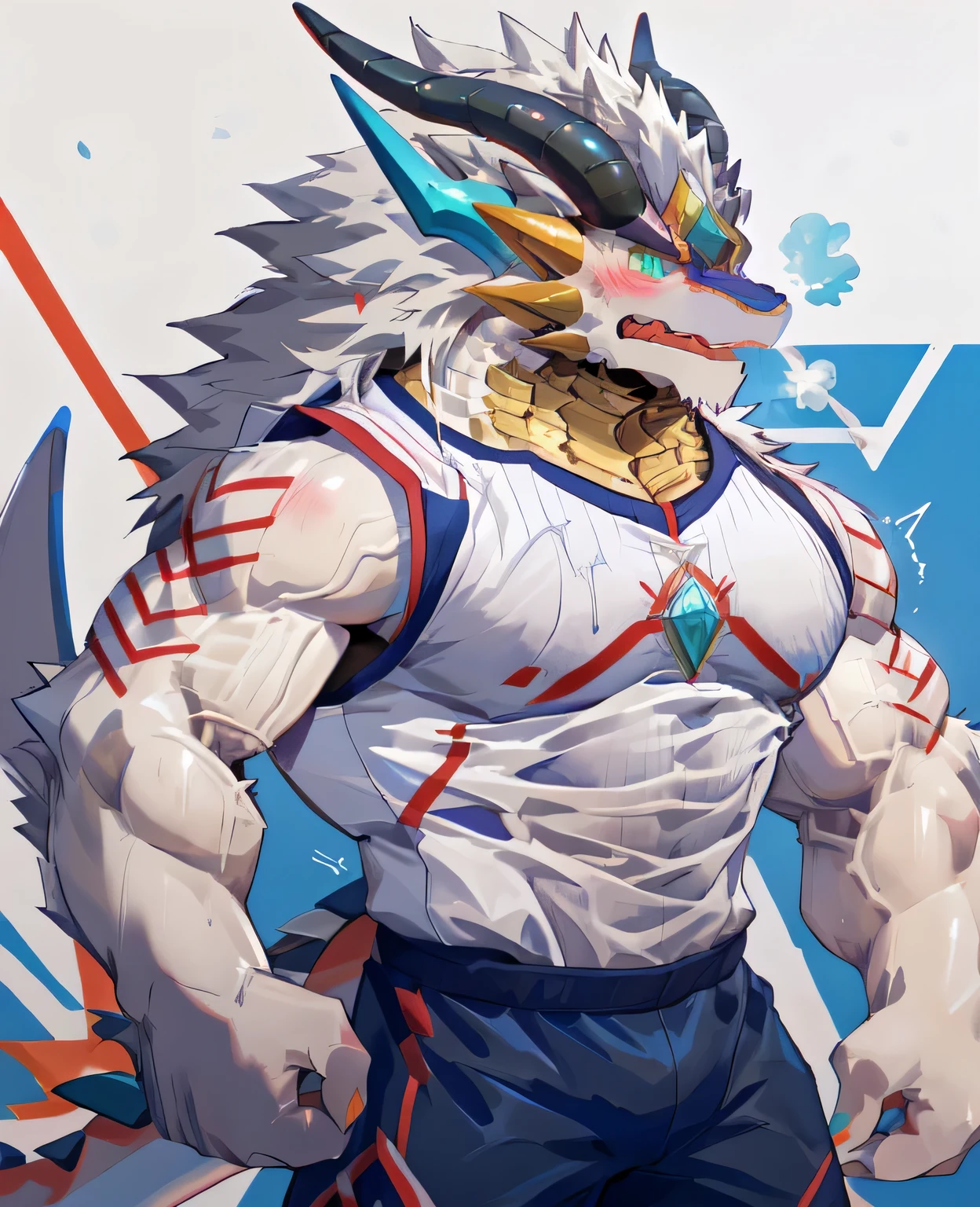 (dragon), Two-color, dragon&#39;s eyes, (muscular body:1.3), perfect eyes, Handsome, OK,(white basketball jersey), (on the playground),(Express), sports field background,(close up),(Happy eyes:1.2),look at screen,(dragon horn),(dragon tail),different students,Perfect masterpiece,(16K),White belly,Solitary,((Strong)),(sports field background),(Sweat),Perfect proportion,front,blush,(wave hello，Watching you:1.5),(Basketball in hand:1.3),(Open your mouth slightly and breathe.:1.2),(close range:1.2),(clothes soaked with Sweat:1,3),Strong,muscle,more details,CG,HD，detailed，Clear，high resolution