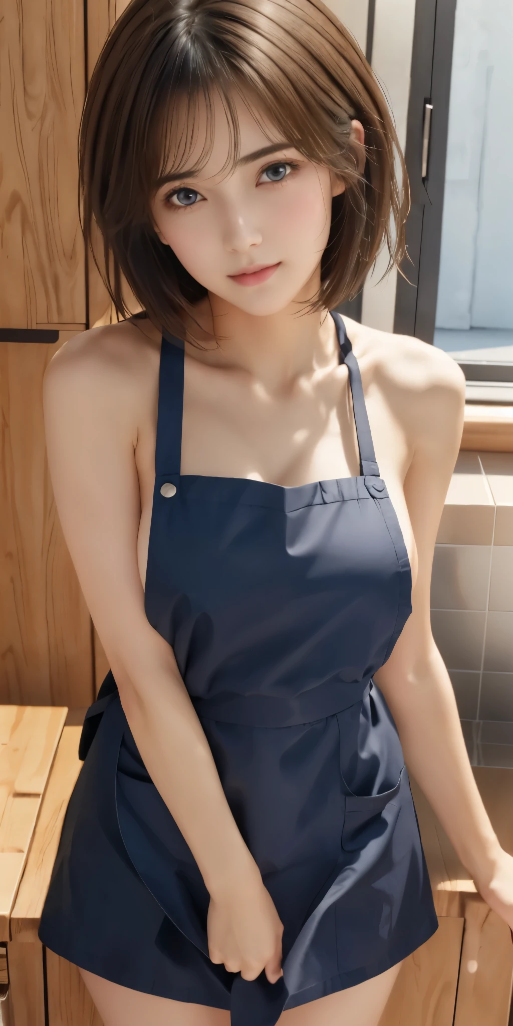 NSFW、16k、Photorealistic、highest quality、masterpiece、Ultra-high resolution、Raw photo、Realistic、Bright lighting、Face Light、Smooth Professional Lighting、Looking at the camera、alone、Adult women、Beautiful woman、Super Beauty、Realistic肌、Moisturized Skin、Realistic eyes and faces、Perfect model body shape、Beautiful Eyes、Big eyes、Inconspicuous tear bags、slim、Medium sized big breasts、No bra、Camel Toe、Beautiful fingers、Very short hair、Very black hair、Very dark eyes、seems to be happy、((Both ears are hidden in the hair))、(A cowboy shot that shows the top of his head)、(((Apron showing through naked body)))、((In the kitchen))、Sideboob