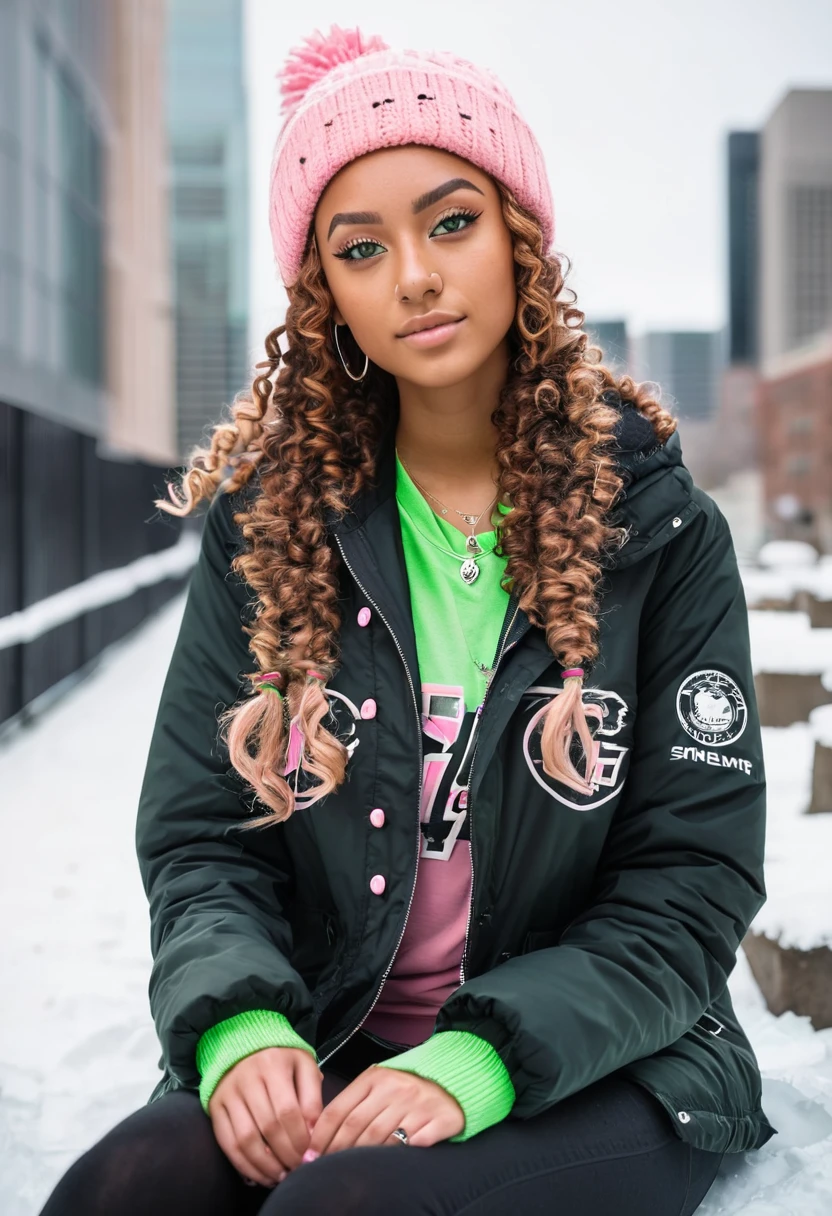 slightly tall young woman, light brown skin, light green eyes. Long brown curly hair with pigtails. Black Graphic Snow Jacket, Pink Beanie, necklace, nose piercing, sitting down, transparent lipgloss, slim built, very beautiful, late adolescent, 19 years old, full body photo, long legs, modern city setting, cold weather, snowy