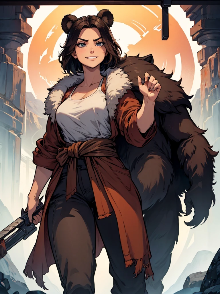 The God of Strength, bear fur, barbarian, very short hair, grin, pants, waist robes, bear head