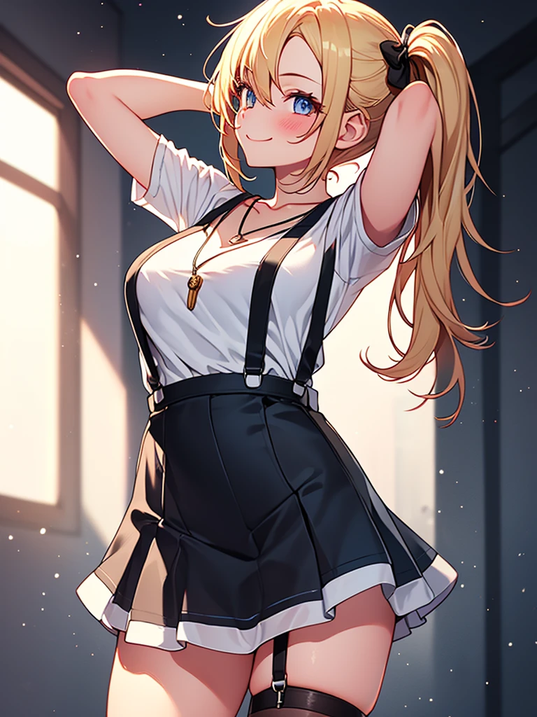  (highest quality, High resolution, perfect pixel, Depth of bounds written, 4K), detailed eyes, (1 girl), perfect body, blond hair, (side ponytail), white t-shirt, (v-neck), (black suspender skirt), necklace, (kneehighs), (standing), leaning forward, (arms behind head:1.2), (looking up), blush, light smile,