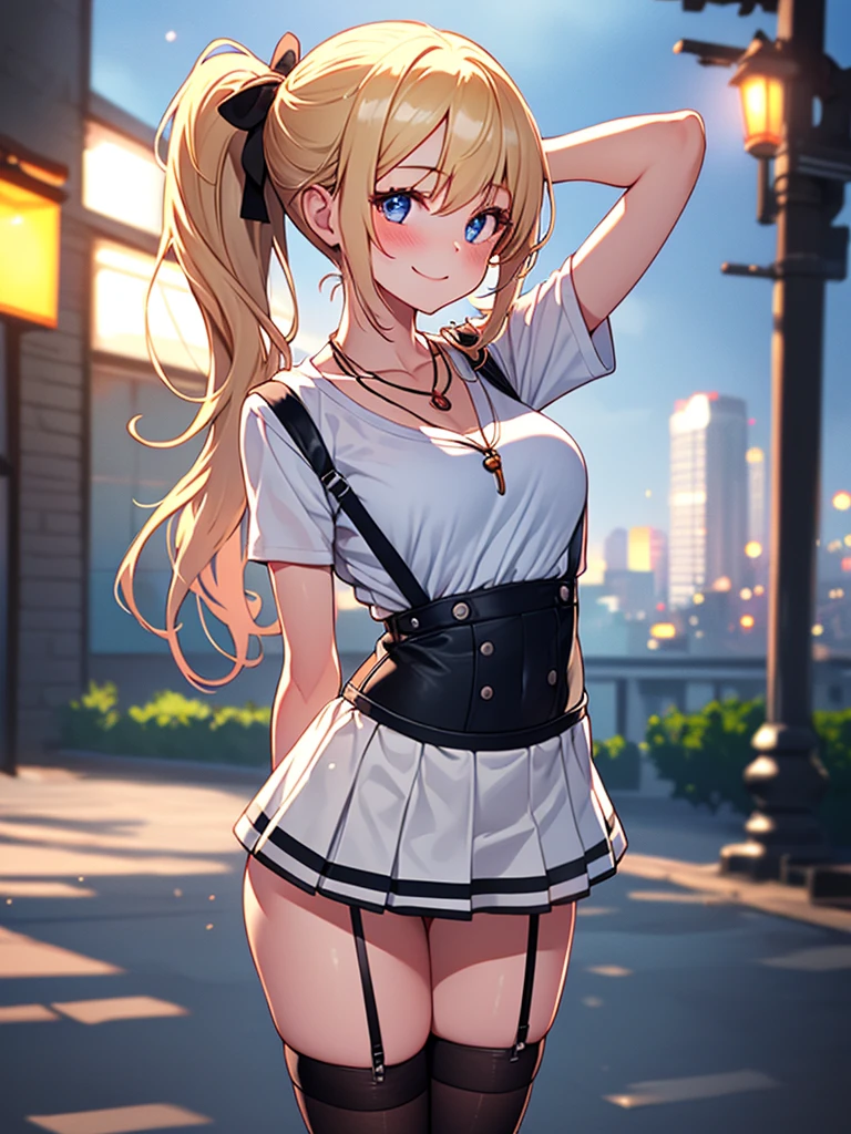 (highest quality, High resolution, perfect pixel, Depth of bounds written, 4K), detailed eyes, (1 girl), perfect body, blond hair, (side ponytail), white t-shirt, (v-neck), (black suspender skirt), necklace, (kneehighs), (standing), leaning forward, (arms behind head:1.2), (looking up), blush, light smile,