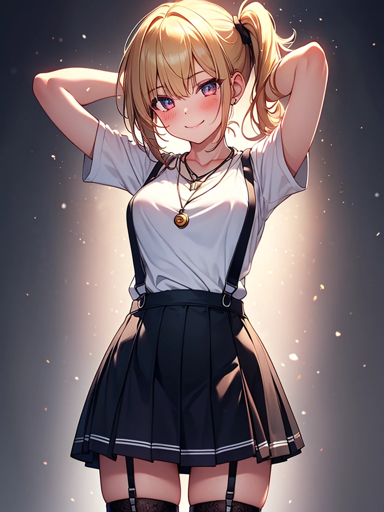  (highest quality, High resolution, perfect pixel, Depth of bounds written, 4K), detailed eyes, (1 girl), perfect body, blond hair, (side ponytail), white t-shirt, (v-neck), (black suspender skirt), necklace, (kneehighs), (standing), leaning forward, (arms behind head:1.2), (looking up), blush, light smile,