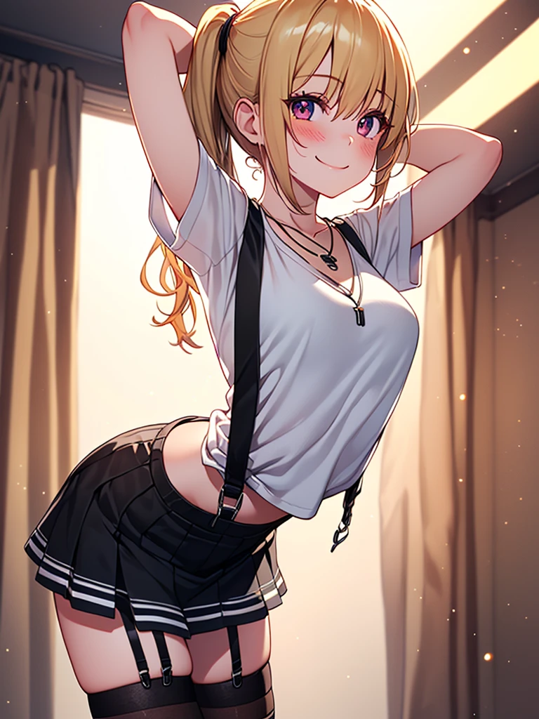 (highest quality, High resolution, perfect pixel, Depth of bounds written, 4K), detailed eyes, (1 girl), perfect body, blond hair, (side ponytail), white t-shirt, (v-neck), (black suspender skirt), necklace, (kneehighs), (standing), leaning forward, (arms behind head:1.2), (looking up), blush, light smile,