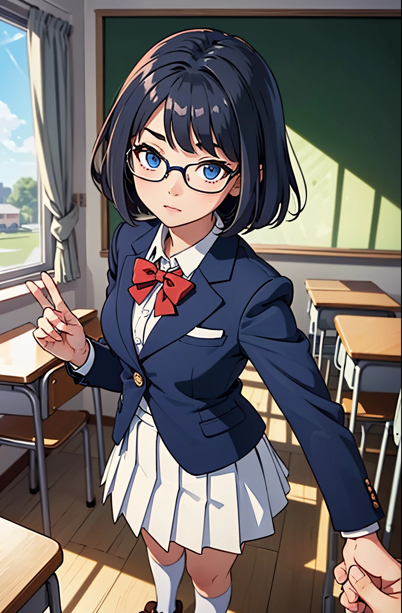 masterpiece, best quality, 1girl, solo, solo focus, brown shoes, matching shoes, white socks, matching socks, (blazer, blue blazer, white shirt), (red bow, bowtie), (white skirt, pleated skirt, miniskirt), glasses (high school girl), standing, standing straight, school backdrop, dark blue hair, ((short hair, bob hair)), blue eyes, beautiful detailed eyes, beautiful detailed face, cute face, perfect hands, complete fingers, perfect anatomy, perfect proportions, relaxed, full body, cowboy shot, classroom