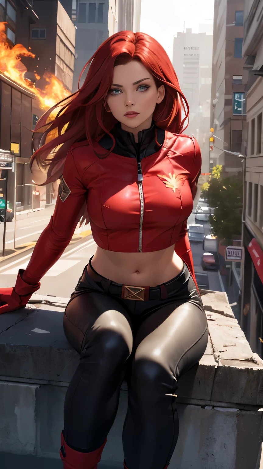 (Highly quality, masterpiece, detailed), burning city detailed scenario, burning city detailed background, jean-grey, belt, red leather crop top jacket, unzip, black top shirt, gloves, Phoenix symbol on chest, red leather pants, sitting on top of a building, navel, perfect face, beautiful eyes, looking at the viewer, Sexy pose