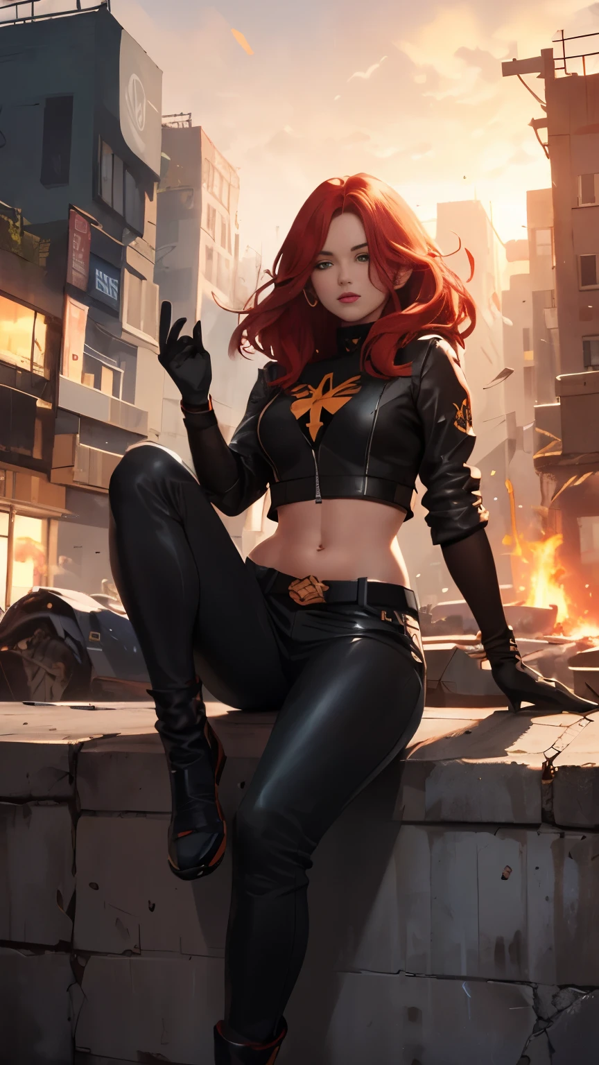 (Highly quality, masterpiece, detailed), burning city detailed scenario, burning city detailed background, jean-grey, belt, red leather crop top jacket, unzip, black top shirt, gloves, Phoenix symbol on chest, red leather pants, sitting on top of a building, navel, perfect face, beautiful eyes, looking at the viewer, Sexy pose