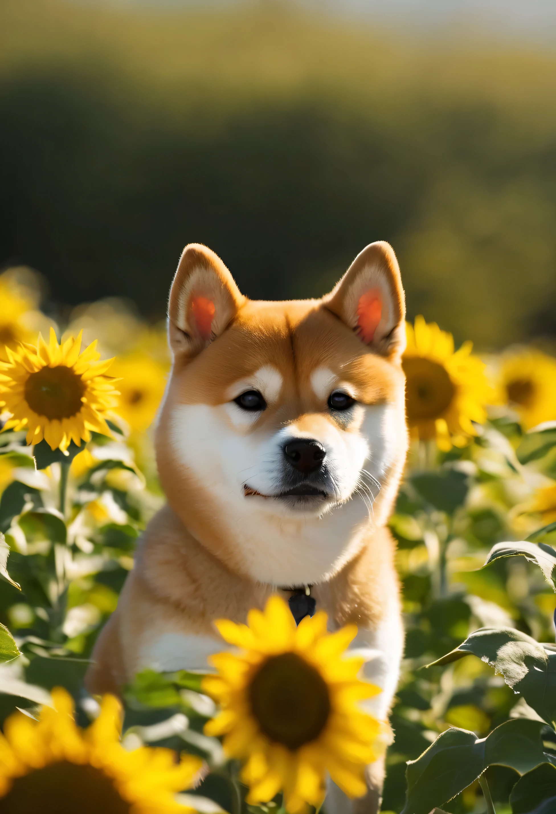 shiba inu puppy in a sunflower field