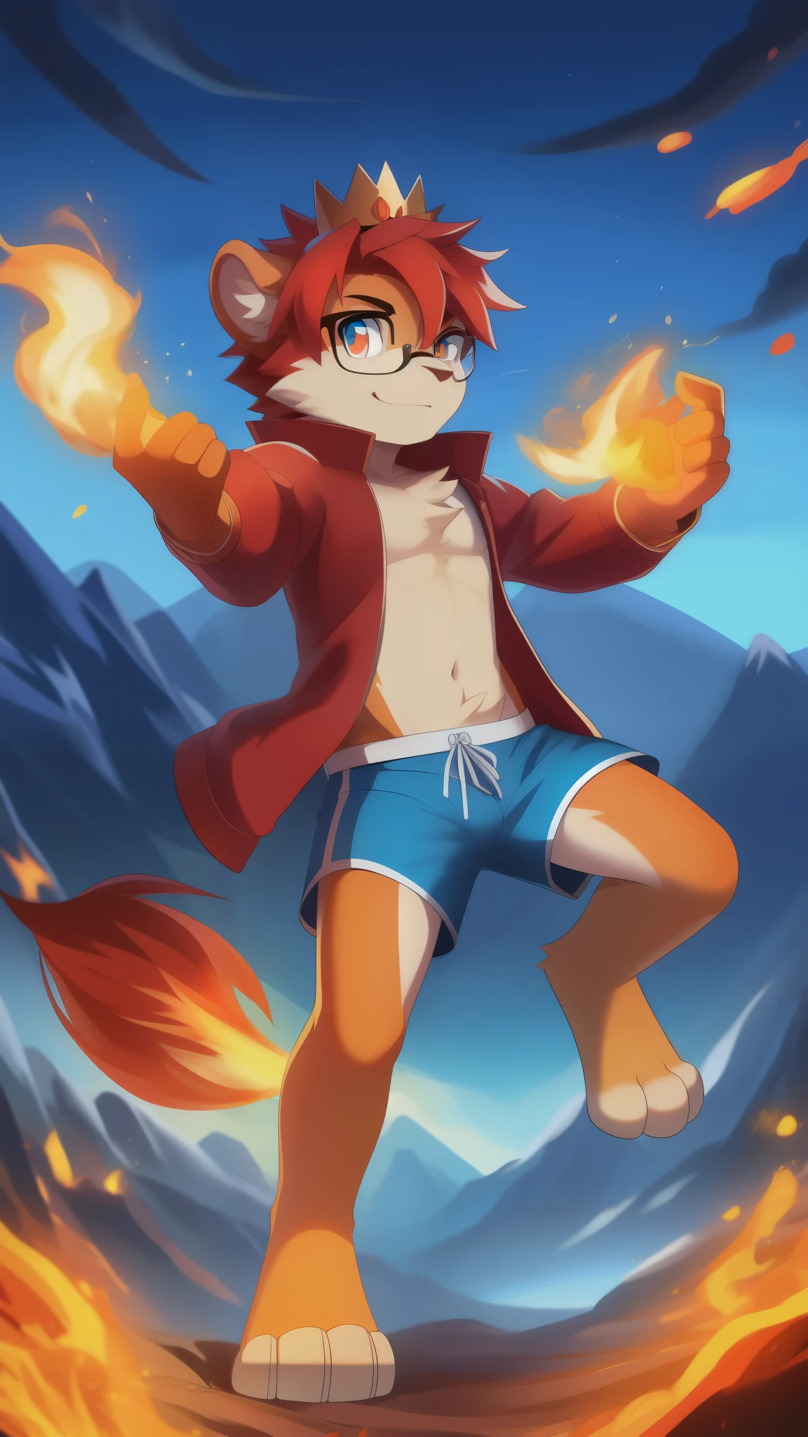 furry shota, lion, red hair, spiky hairstyle, orange eyes, detailed body fur, ((glasses, red jacket, open clothes, blue swim trunks, prince crown)), flat body, looking at you, two tone body fur, orange body fur, clear orange body fur, detailed face, big eyebrows, detailed eyes, detailed body, mountain, clear sky, detailed hands, glistering body, perfect lighting, perfect shadows, perfect eyes, perfect hair, perfect face, gorgeous body, full body, feets with three toes, 3 toes, fire magic, fire particles, action: fighting, fire on hand palms,