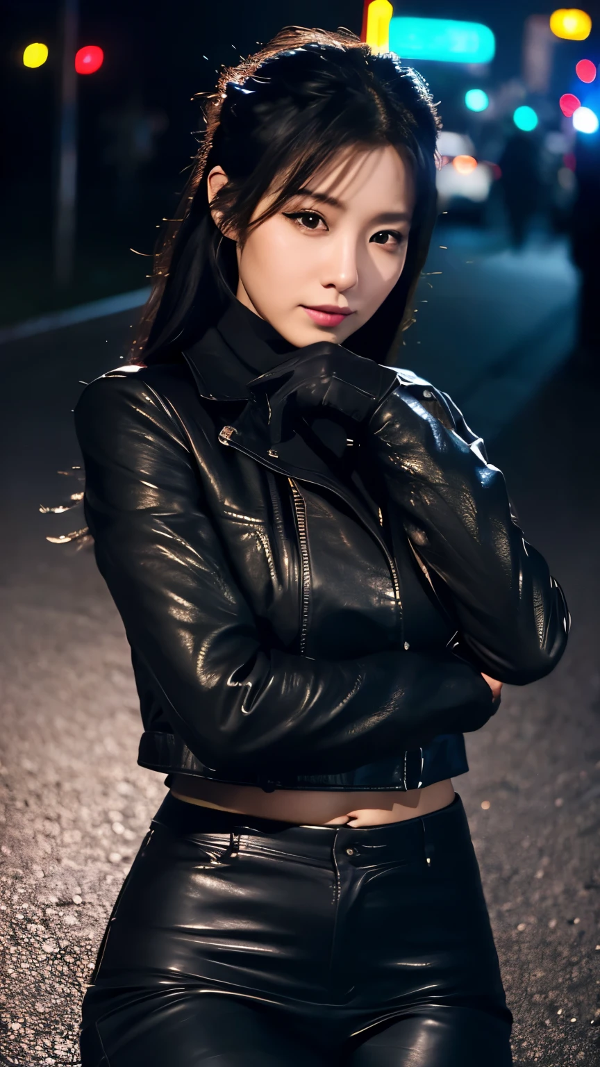 black leather rider jacket, office in the dark, Fingertips of black leather gloves on both hands,wearing black leather gloves,sitting in a black leather chair、 Japanese female new employee (black leather gloves cover both hands) (The angle is horizontal)、black leather leather pants,black leather black leather pants,black leather skinny pants、Long black leather boots on both feet、black hair ponytail ((He wears black leather gloves on his hands))Full Body Photo,full body shot full body full body leather suit,☺If you turn in this direction。wearing black leather gloves,wearing black leather gloves,wearing black leather gloves,wearing black leather gloves,wearing black leather gloves,wearing black leather gloves,黒のレザーパンツが美しい😍黒のレザーパンツが美しい😍黒のレザーパンツが美しい,😍I'm smiling while looking at you,City lights、((Neon Cyberpunk City Street:1.3))、(Neon Light)、Detailed lighting、
Best image quality、Ultra-high resolution、(realism:1.4)、korean beauty star、The most beautiful KPOP stars、face、horny korean makeup、A body that makes you want to touch it、Realistic leather texture、Costume made of smooth leather fabric、The drape of the curved parts of the leather fabric、The costume has a strong shine、costume quality、8K Photo Quality