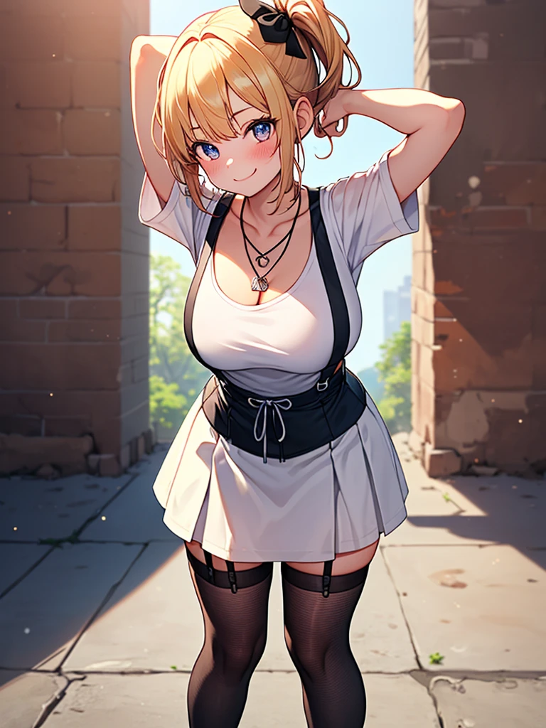 (highest quality, High resolution, perfect pixel, Depth of bounds written, 4K), detailed eyes, (1 girl), perfect body, large breasts, blond hair, (side ponytail), white t-shirt, (v-neck), (black suspender skirt), necklace, (kneehighs), (standing), leaning forward, (arms behind head:1.2), (looking up), blush, light smile,