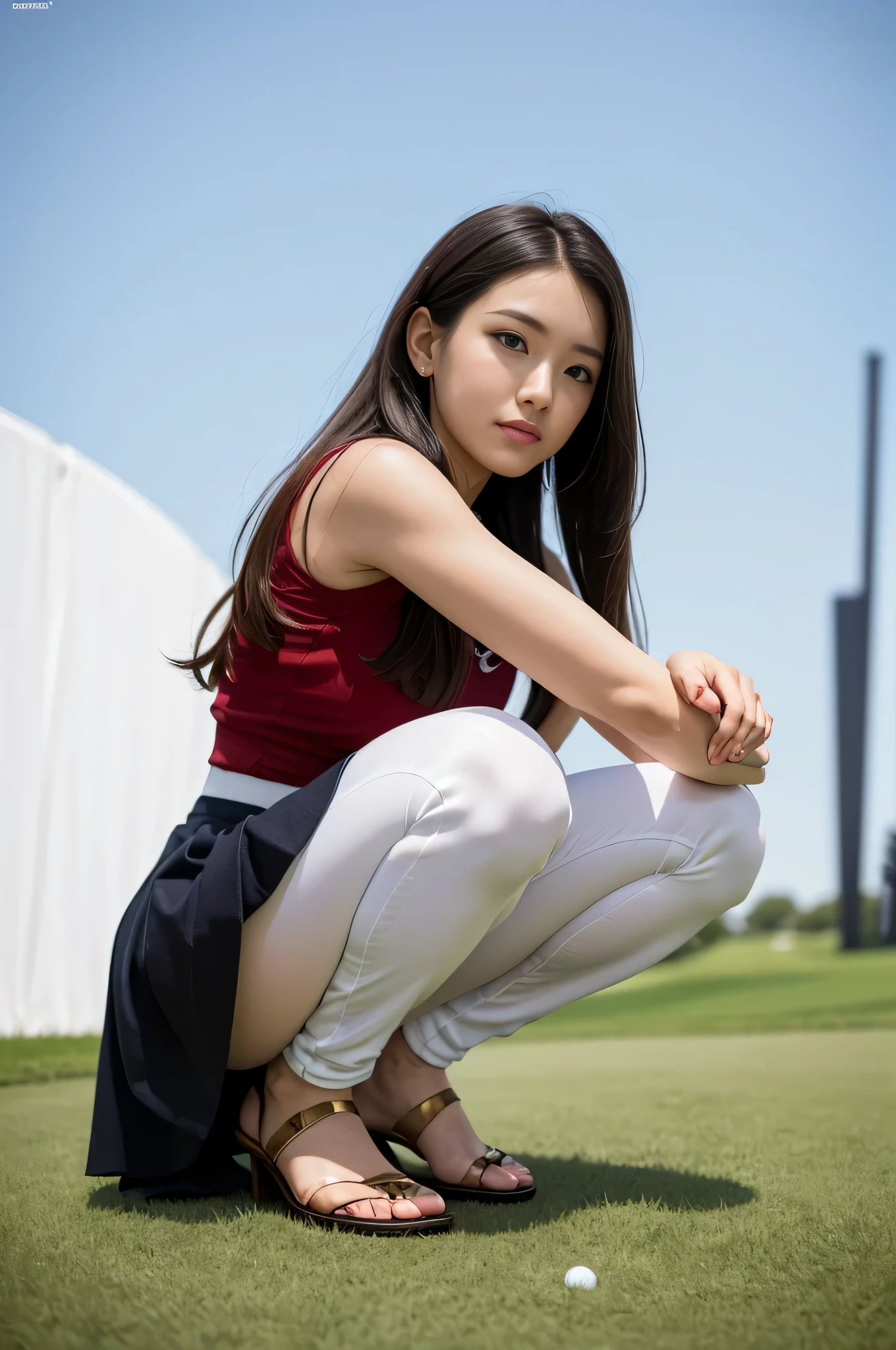 (Super beautiful)、(Beautiful Face:2)、(Detailed face:1.1)、(European:1.5)、(Miss Universe)、(She stood up:1.1)、(red dress made of thick fabric:1.1)、(Raise the hem of a dress:1.5)、(Please show me your white pants:1.5)、(dressing:2)、High heels、(Wearing heavy makeup)、(Golden Hair:1.4)、(blue eyes)、(thin:1.1)、Perfect Fingers、necklace、bracelet、gyuru、on stage、(Shooting from above the knee:1.2)、(At SFW)highest quality、High resolution、Very detailed、masterpiece、Raw photo、Realistic、Photorealistic、Very delicate and beautiful、finely、Irritated skin、1 girl、(alone)、(alone)、Full Shot、(Sky from below:1.1)、(Height is 170cm)、(25 year old model)、Athletic build、Thick thighs、barefoot、(golf green:1.1)、(Golf Wear)、(mini skirt)、Golf shoes、(body facing the camera:1.5)、(open crotch squat)、(Spread your legs:1.3)、(Crouch down and check the situation on the green...)、(Place your palms on your knees,,,,:1.5)、(Beautiful Face:1.7)、brown shortcut、(Showing panties:1.3)、(White panties)、Dark pubic hair、(Golf Wearを脱がないでください)、(At SFW:1.2)