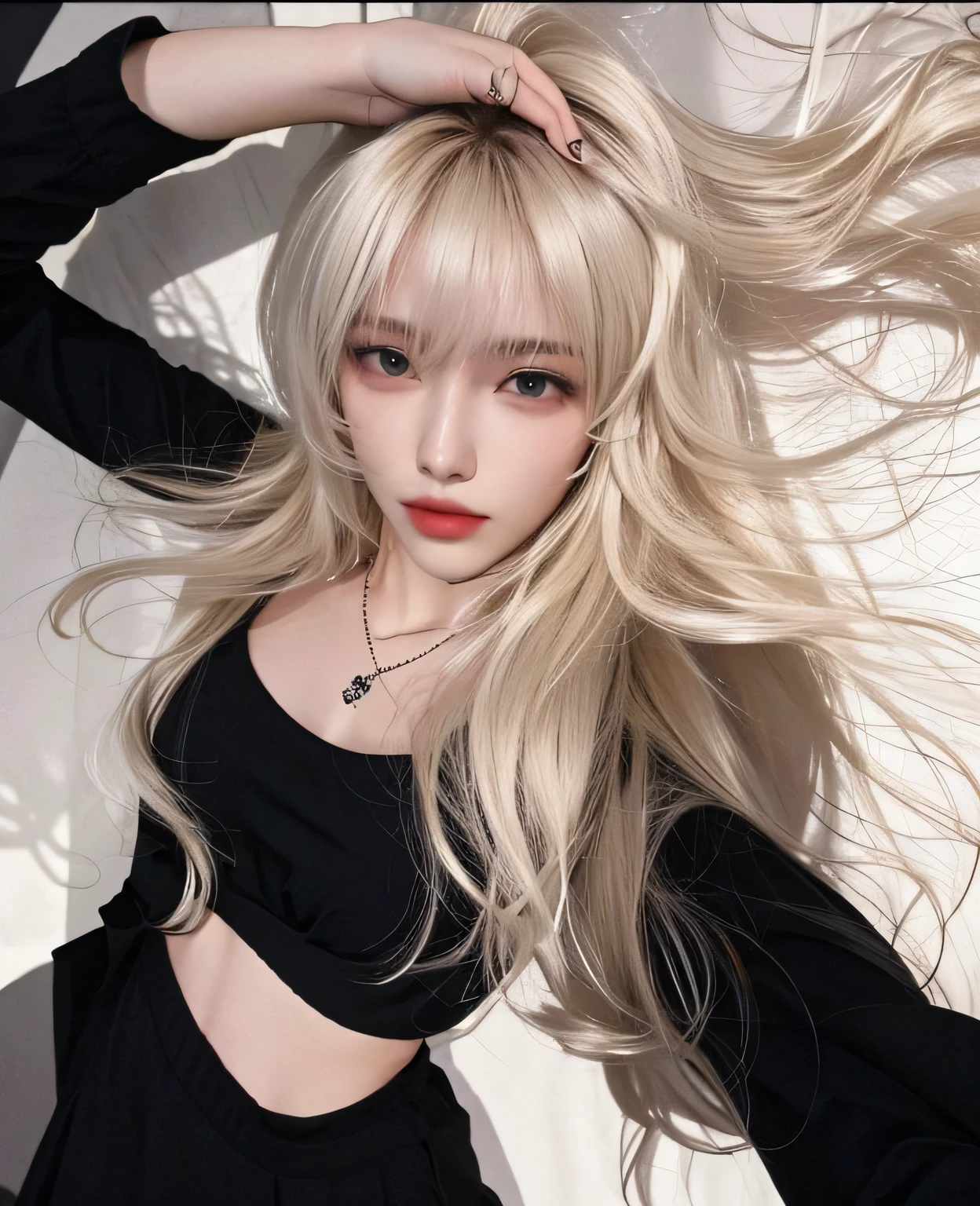 peluca rubia con un tatuaje de mariposa en el costado, pelo largo y blanco y flequillo, pelo largo y rubio y ojos grandes, ulzzang, extremely pale blonde hair, long cabello rubio y ojos grandes, cruel korean gothic girl, very very pale blonde hair, flequillo blanco, cabello rubio y ojos grandes, con el pelo largo y blanco, retrato de kim petras