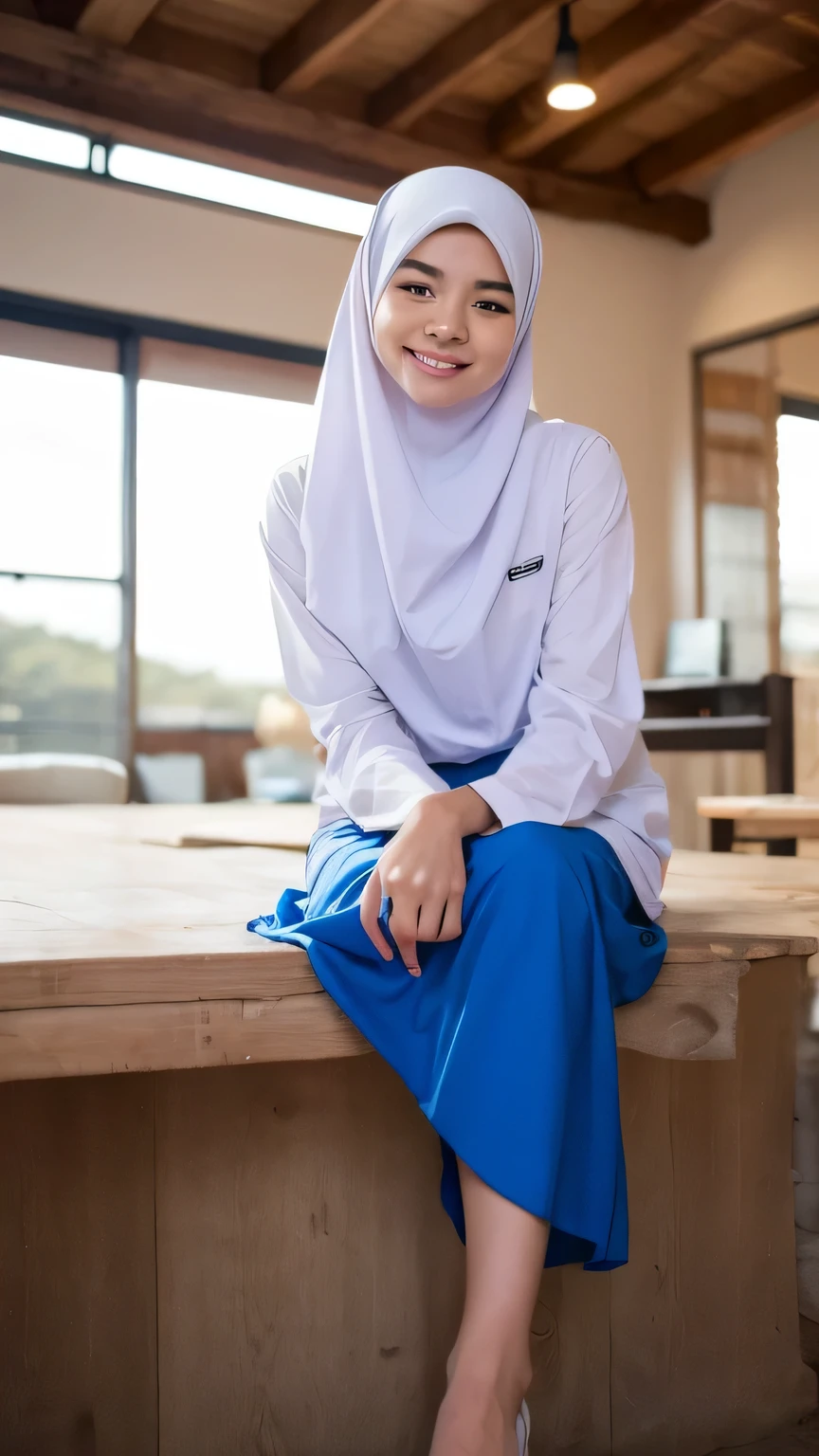 1 hijab girl, big breasts 1:2 , very cute baby face, (white dress), ((wearing hijab)), ((blue skirt)), long sleeve, looking at camera, very sexy girl, elegant, soft cloth, satin fabric, very beautiful girl, smile, full body, teenager, very beauty face, in the cassino 