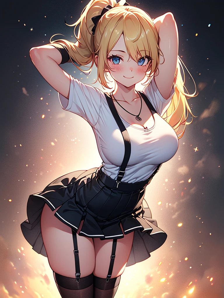  (highest quality, High resolution, perfect pixel, Depth of bounds written, 4K), detailed eyes, (1 girl), perfect body, large breasts, blond hair, (side ponytail), white t-shirt, (v-neck), (black suspender skirt), necklace, (kneehighs), (standing), leaning forward, (arms behind head:1.2), (looking up), blush, light smile,