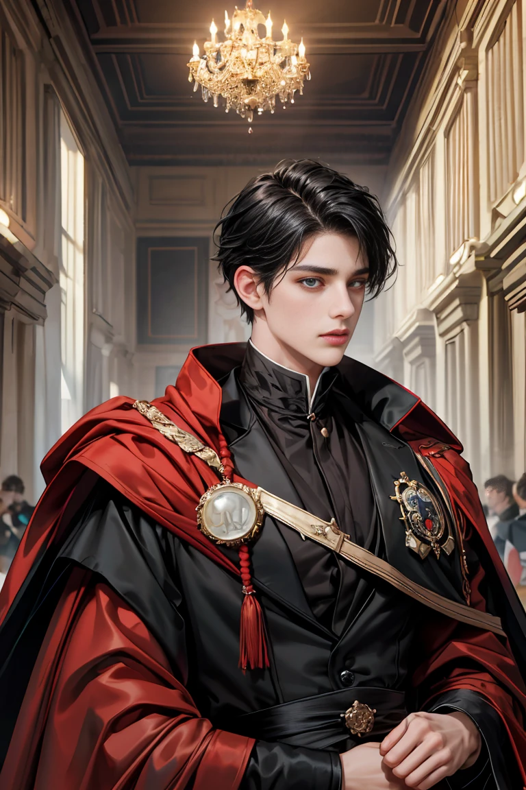 
masterpiece, 最high quality, high quality, 1 boy, alone, Male focus, Watching the audience, whole body, Winning spirit_destiny, Messy black hair, blue adorable big eyes, White, Noble, Noble, black Jack、A very big, very big, very big, very long, long red and black cape made with a lot of fabric that reaches all the way down to the floor, ,cute beautiful boy,cute cute handsome boy