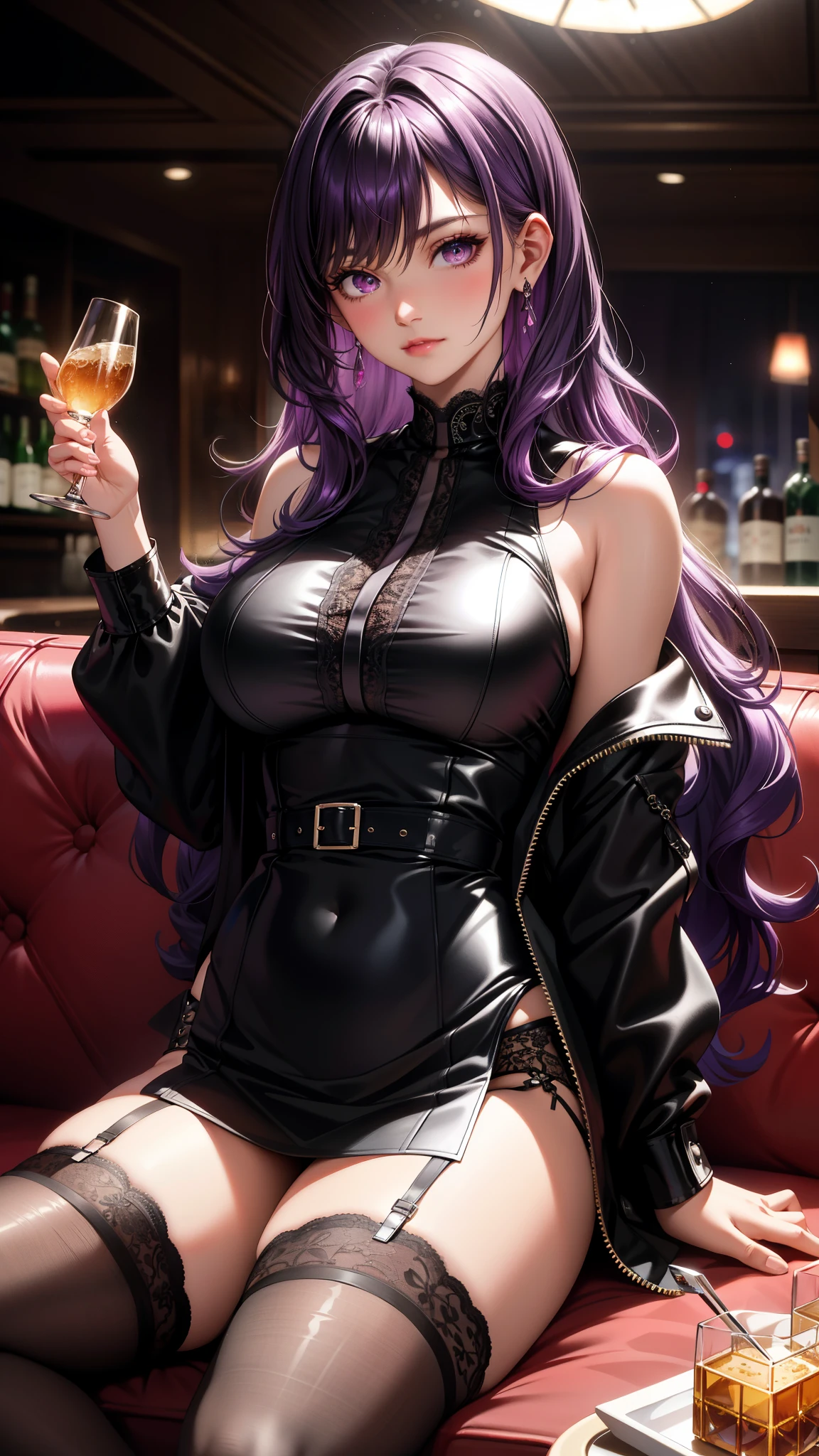(best quality:1.1), (Masterpiece:1.2), high quality light, beautiful details, Beautiful face, detailed eyes, depth of field, high resolution, best shadow, best light, 1 girl, see the audience, shiny purple hair, smooth, blunt, long hair, (wavy hairstyle), pink eyes, shy, very big breasts, pump, Lace underwear, black leather jacket coat, black leather skirt, (Lace panties), table, mirror, liquor bottle, holding a glass of liquor, night time, rift, pub bar background, sexy, cool, throw, Cool ,Ear jewelry, sitting on the sofa, sofa, black stockings, Open your mouth slightly., nsfw