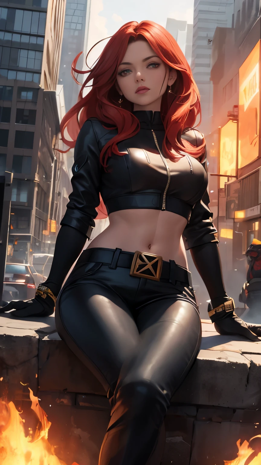 (Highly quality, masterpiece, detailed), burning city detailed scenario, burning city detailed background, jean-grey, belt, red leather crop top jacket, unzip, black top shirt, gloves, Phoenix symbol on chest, red leather pants, sitting on top of a building, navel, perfect face, beautiful eyes, looking at the viewer, Sexy pose