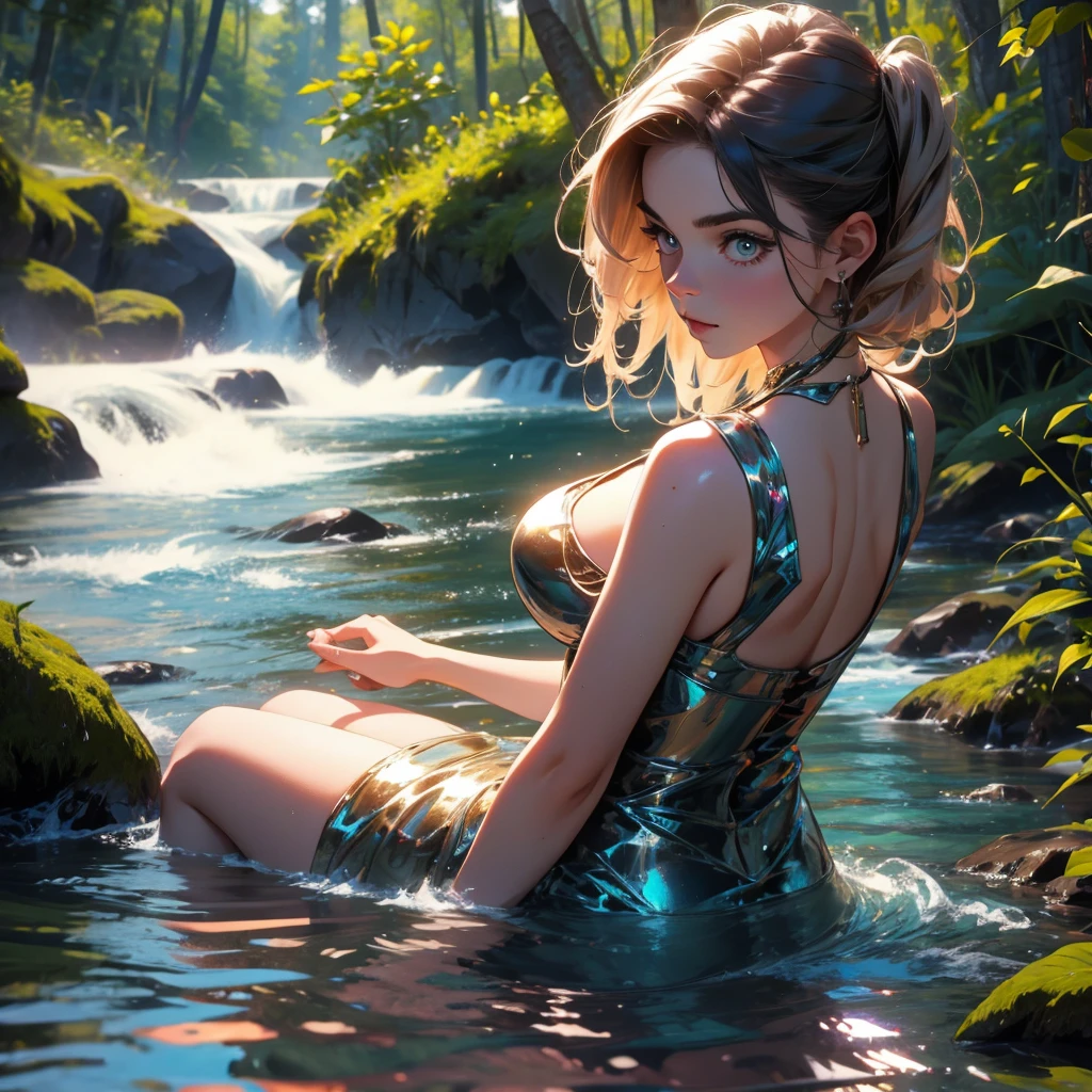 (Masterpiece, Best quality, Ultra-detailed, Best Illustration:1.4), 1girll, (Slime girl:1.4), (Transparent:1.3), (See-through:1.2),Sitting, ，No clothing，(refractions,Reflection:1.4) , transparent face, Transparent body, Transparent skin, sunshine day，water blue，Spring water background